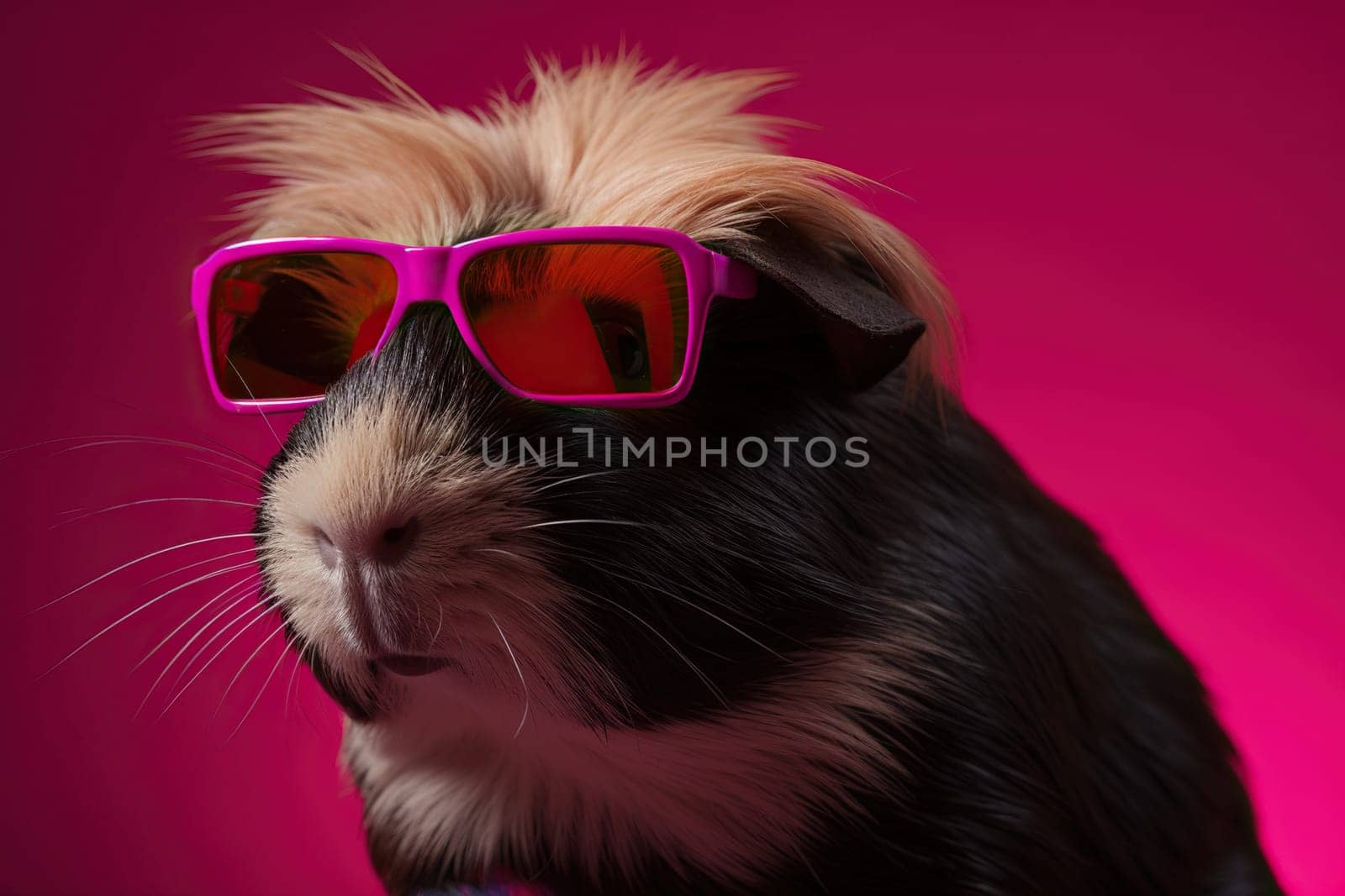 Charming Guinea Pig Wearing Amusing Sunglasses Against A Deep Red Background