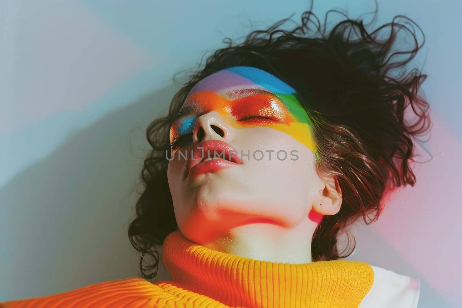 Woman with colorful makeup laying on white background with rainbow painted face, beauty, art, fashion theme
