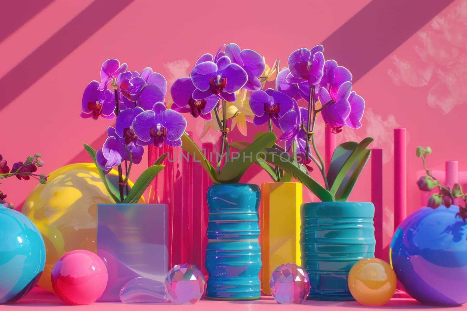 Purple flowers in vase and objects on pink background, still life composition for beauty or art concept