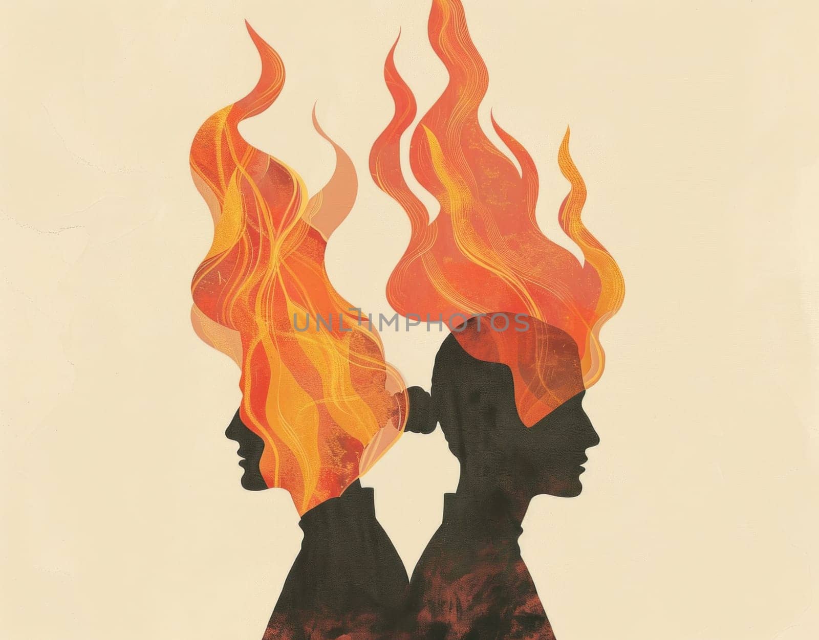 Innovative concept of human emotions with fire silhouettes on white background for creative projects by Vichizh