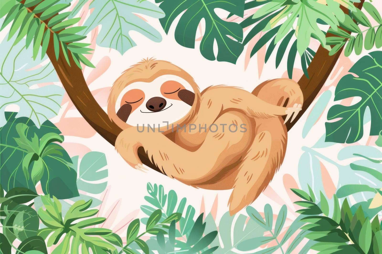 Cute sloth sleeping on tree branch in tropical jungle with leaves and palm leaves relaxing wildlife scene in lush rainforest environment