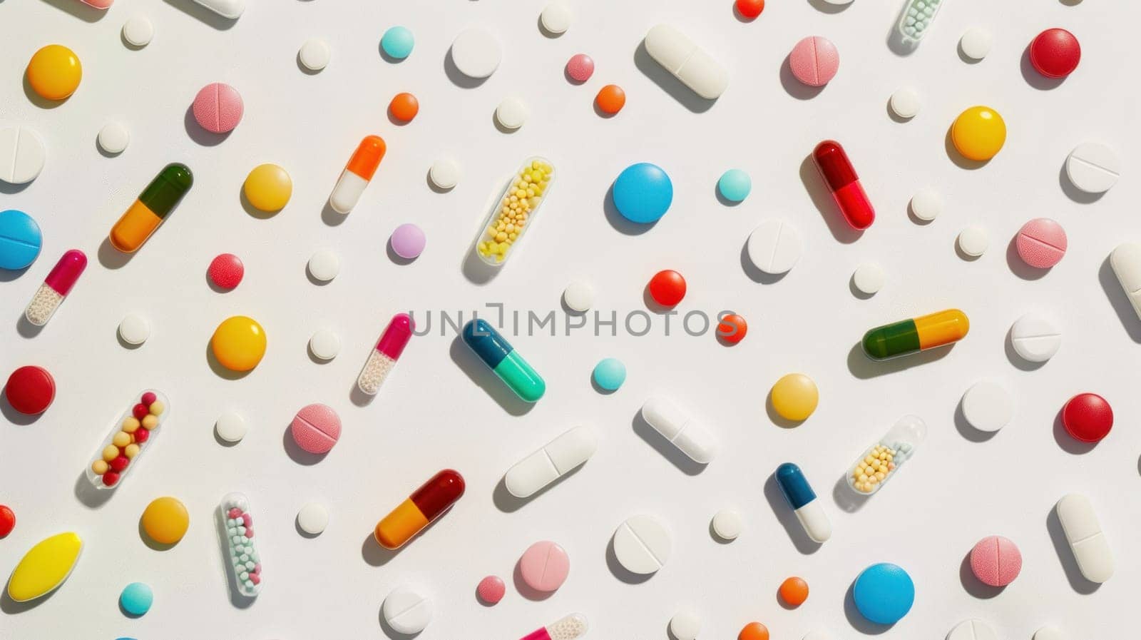 Assortment of pills and tablets on white surface with words pills and tablets medical concept and healthcare theme by Vichizh