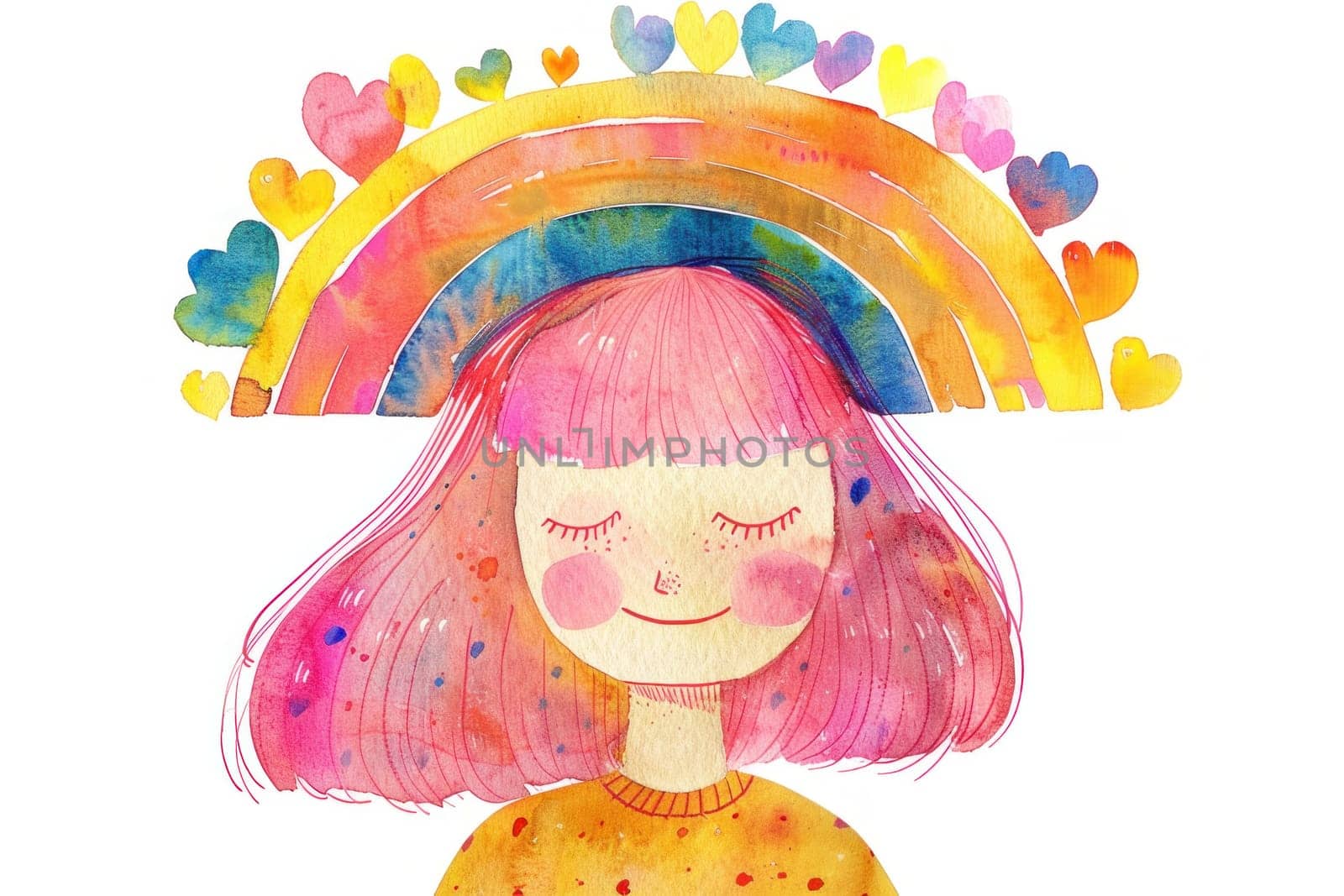 Happy girl with rainbow hat and hearts, watercolor drawing in artistic style for creative projects and design inspirations by Vichizh