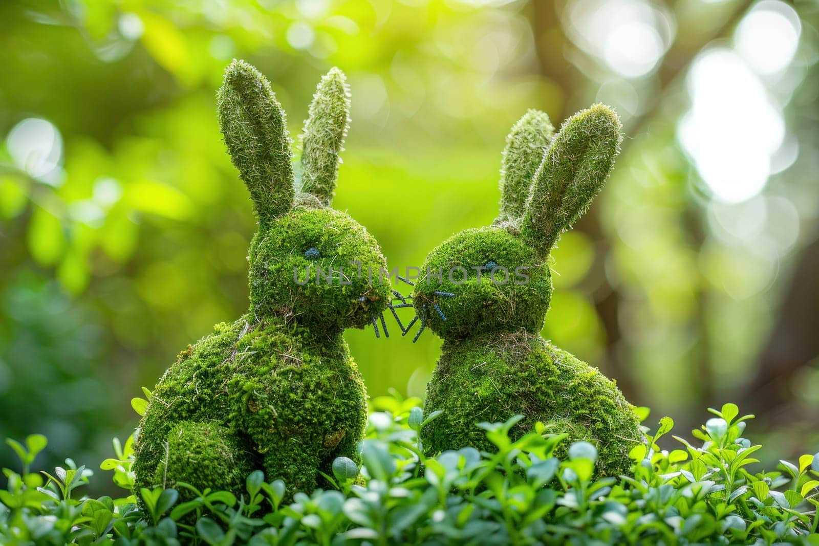 Two adorable moss bunny sculptures in a serene natural setting with lush greenery and trees surrounding