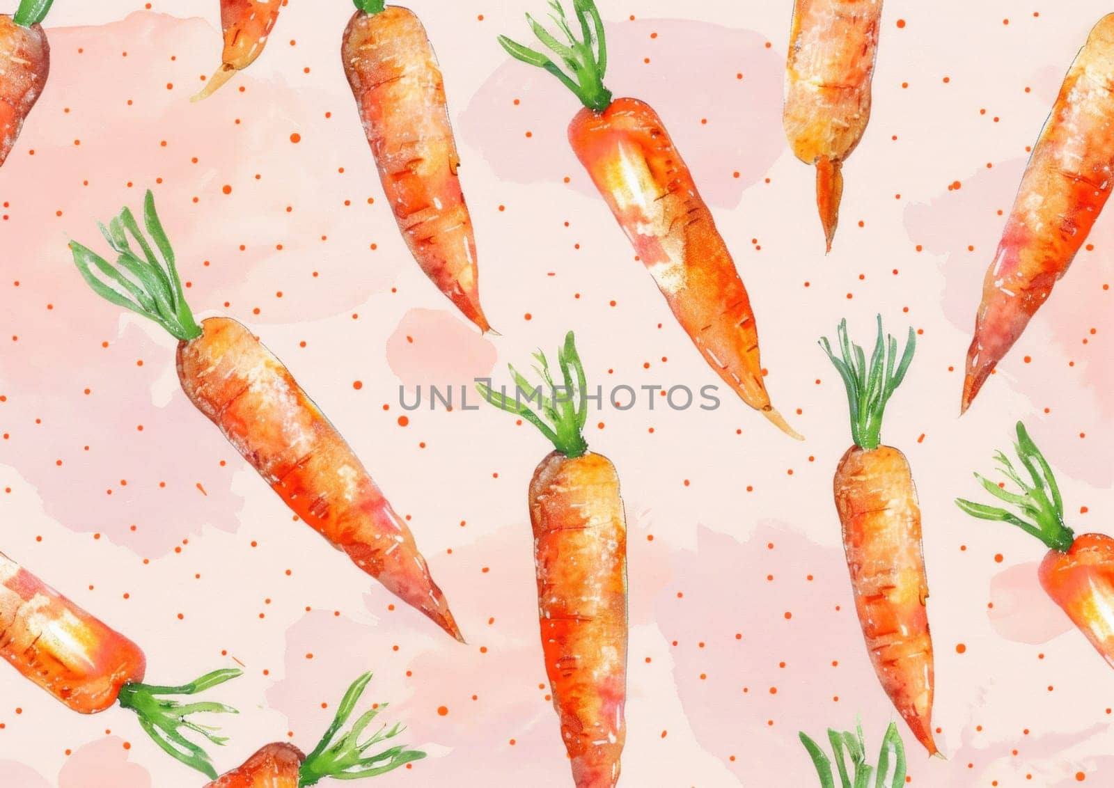 Vibrant watercolor carrots with dots on pink background, artistic pattern for kitchen, food, and healthy lifestyle concepts by Vichizh