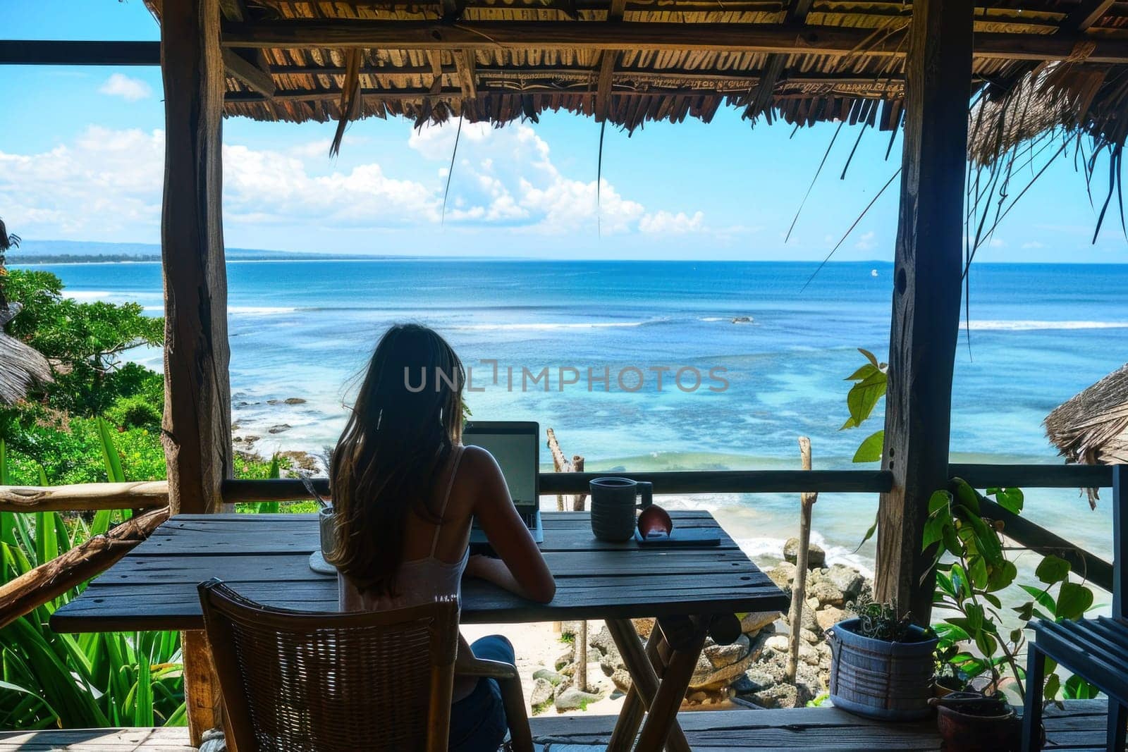 Woman working at table overlooking ocean with laptop remote work travel concept by Vichizh