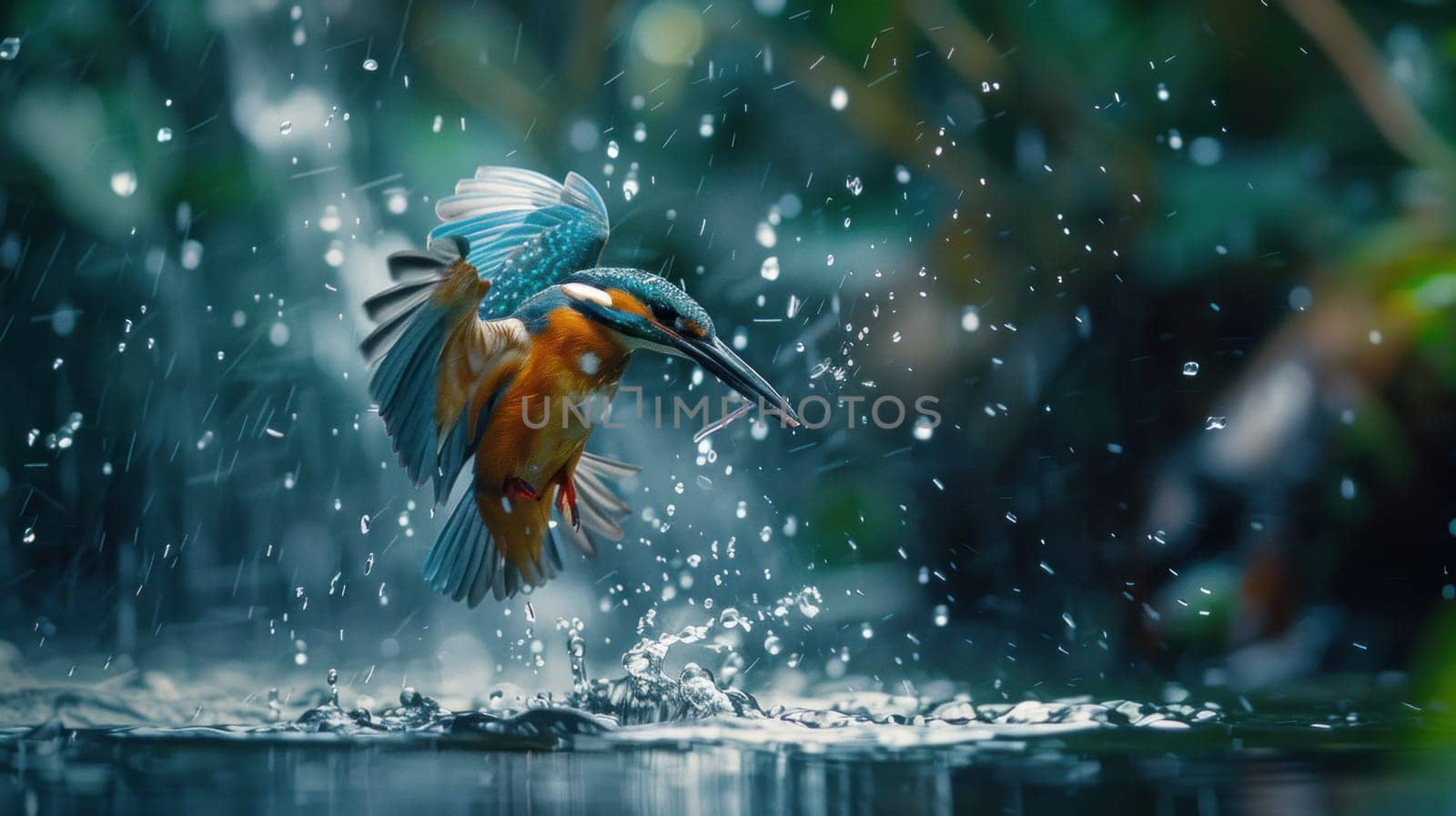 Kingfisher taking flight in the rain with water splashing background a stunning nature encounter travel adventure by Vichizh