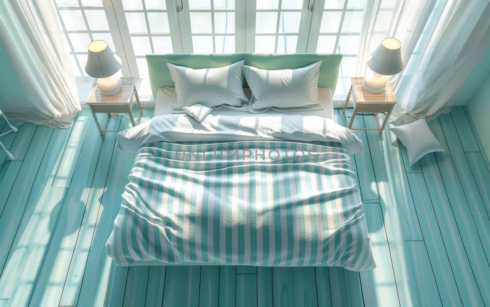 Comfortable bed with striped blanket and pillows in a cozy bedroom with blue walls for relaxing atmosphere