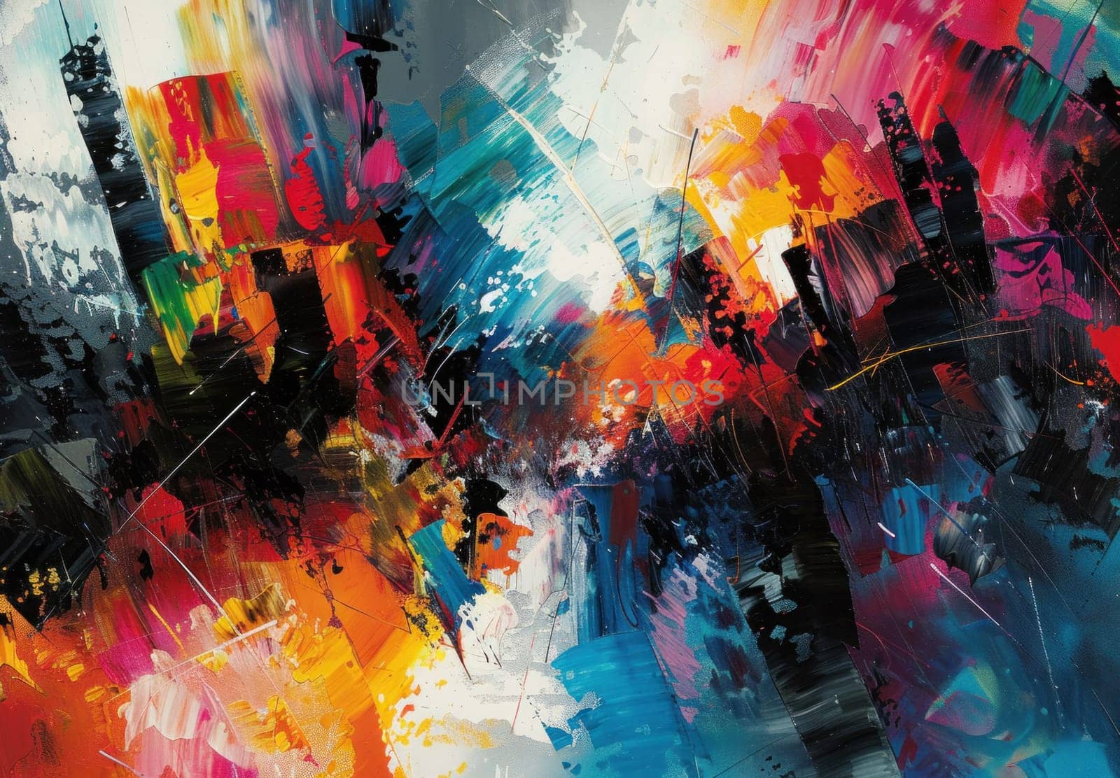 Vibrant cityscape at night abstract painting with colorful shapes and text in background