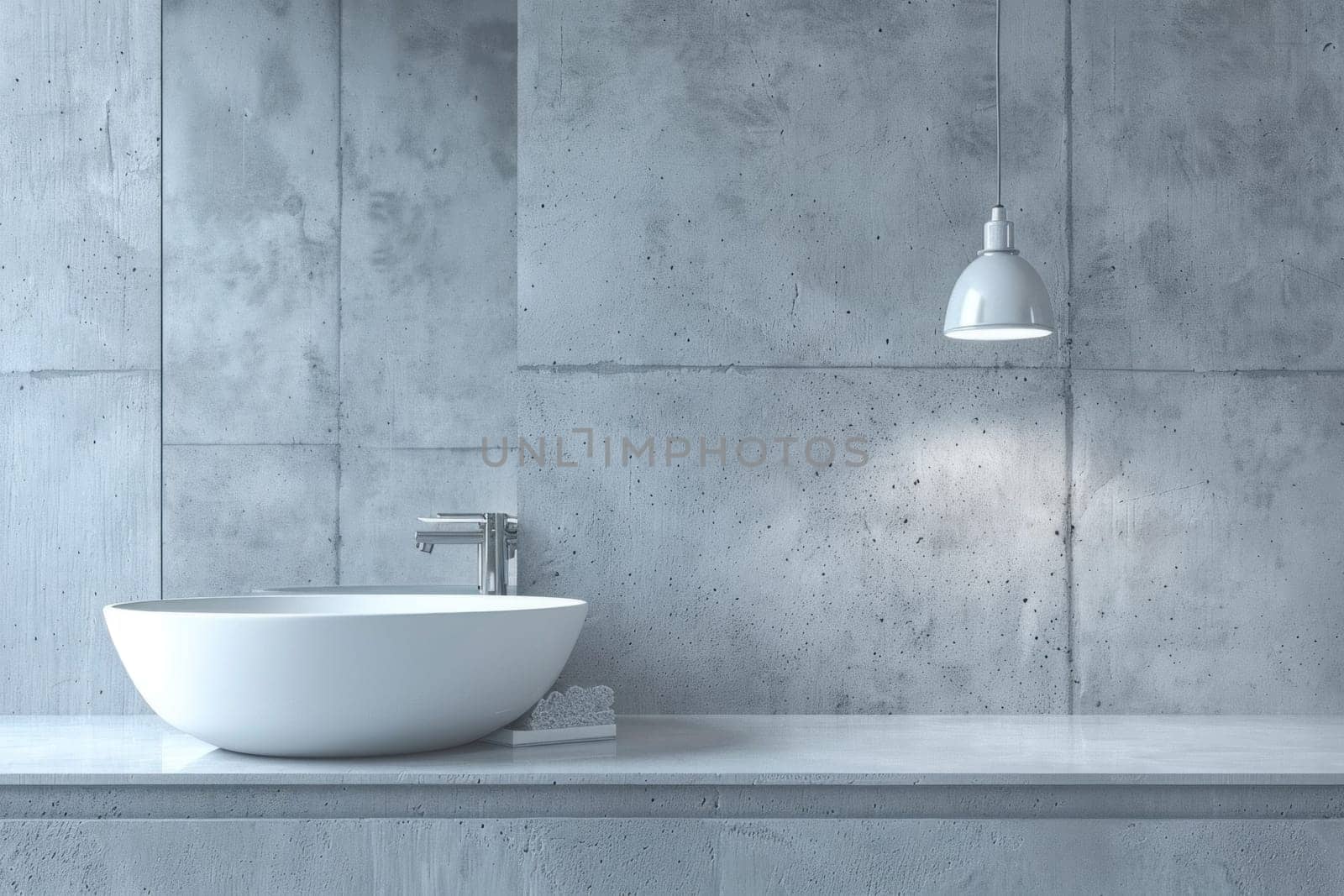 Modern bathroom design with white sink, hanging light, and concrete wall in minimalist style for interior decor and home improvement