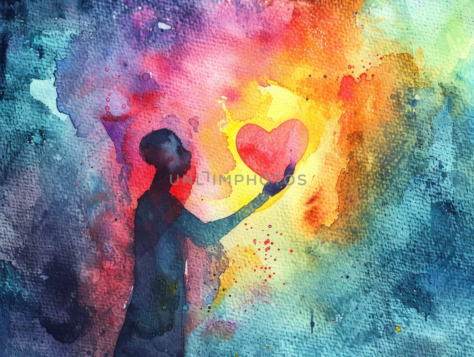 Colorful watercolor painting of person holding heart in front of vibrant background, symbolizing love and emotion by Vichizh