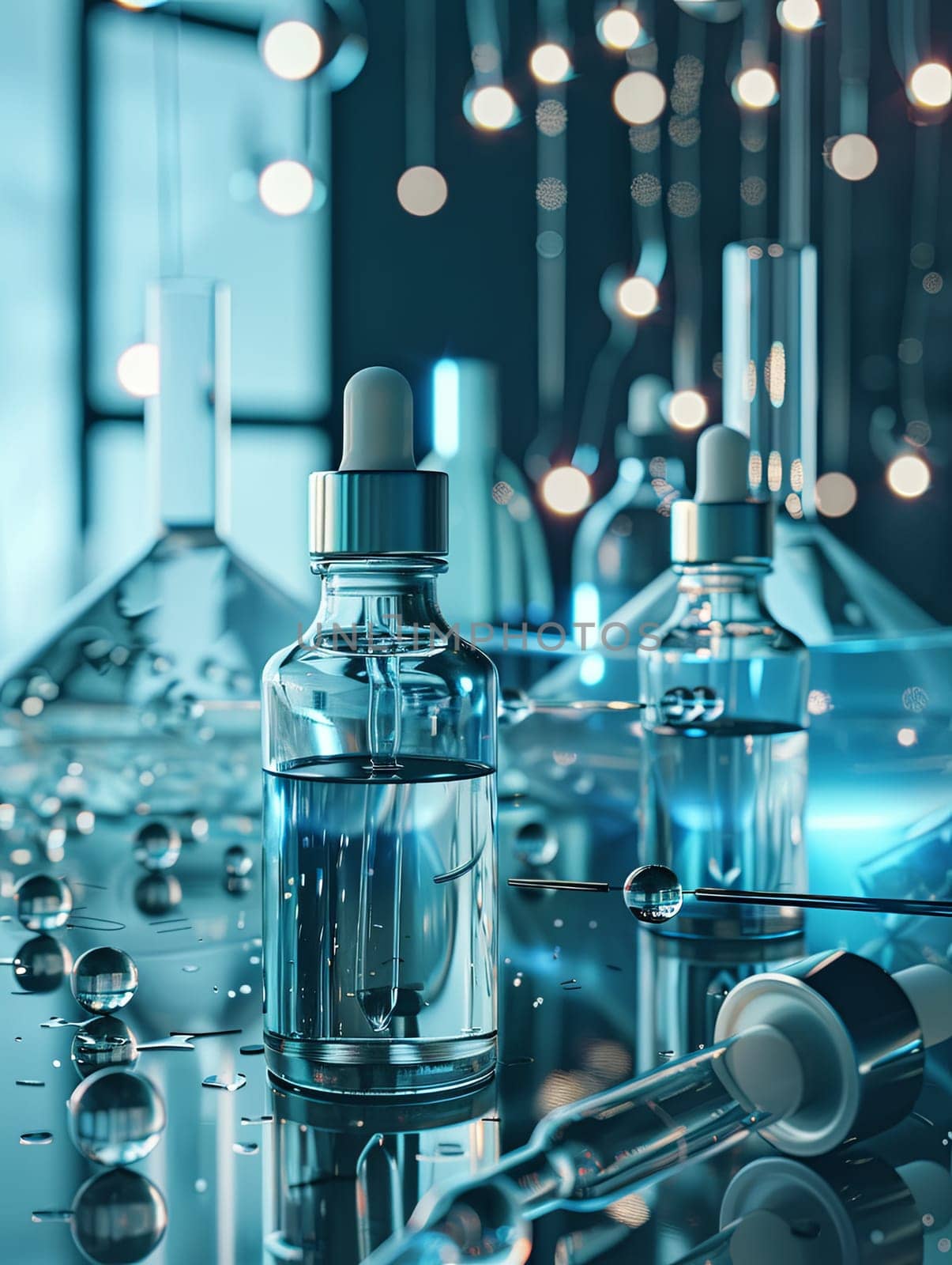 Glass bottles filled with serum and droplets, resting on a laboratory table with scientific tools.