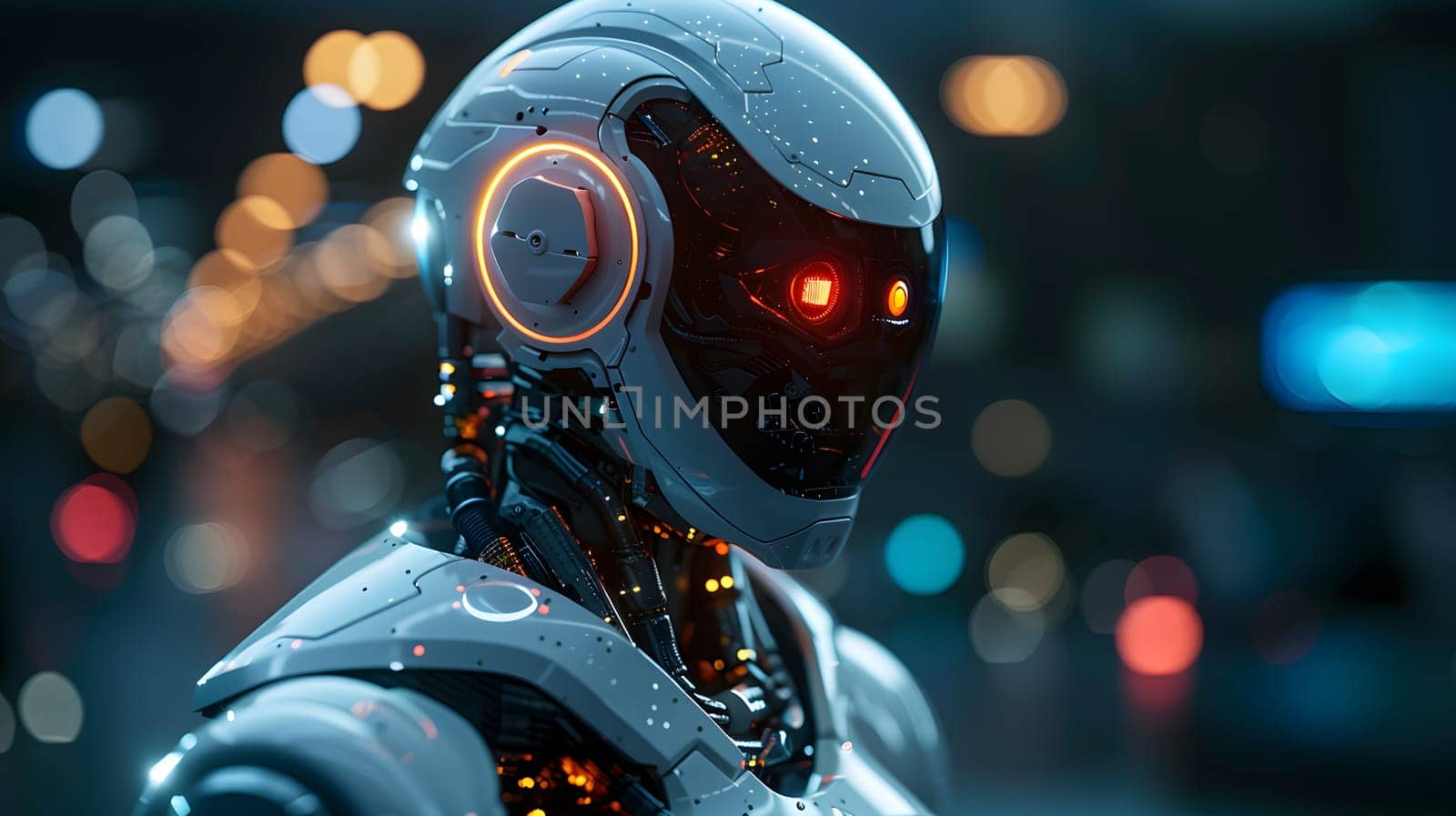 A fictional character robot with red eyes is wearing a helmet for personal protective equipment in a science fiction event. The helmet is electric blue, matching its engineering design