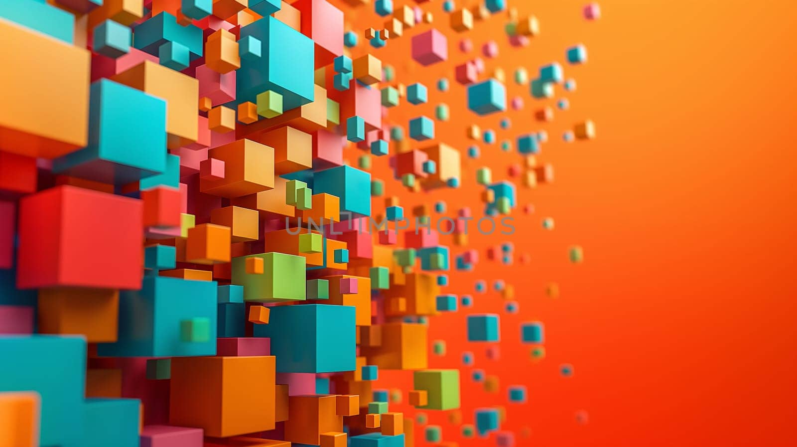 An array of brightly colored 3D cubes appears to be floating, dispersing into space against a smooth orange gradient backdrop, creating a dynamic and modern art-like scene - Generative AI