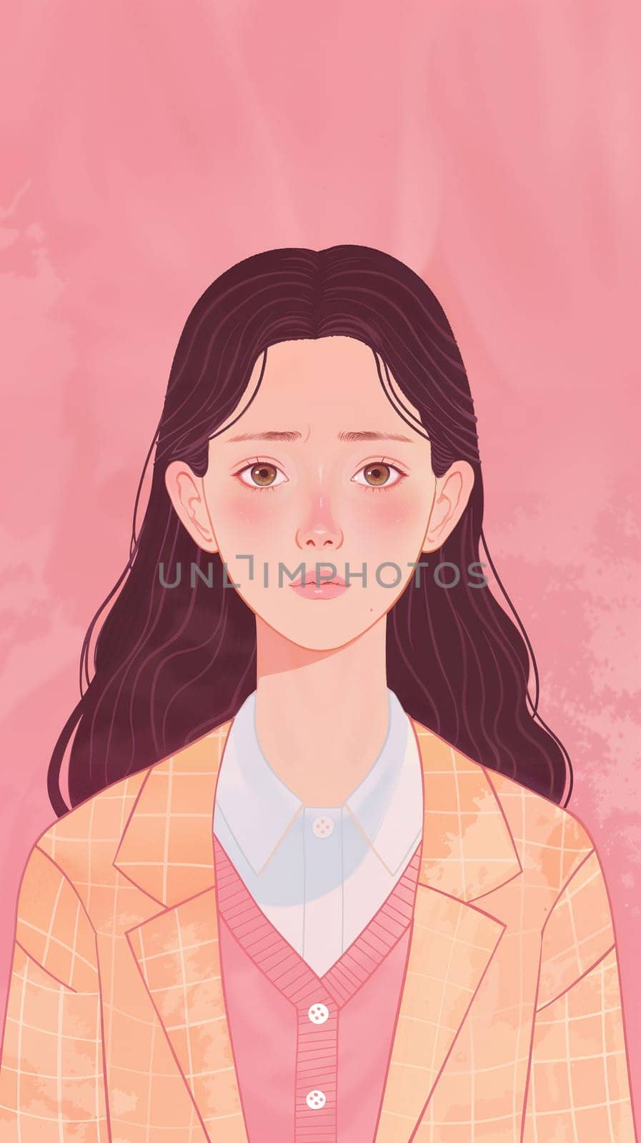 A serene illustrated woman with dark hair stands against a soft pink backdrop, her eyes meeting the viewer s gaze - Generative AI