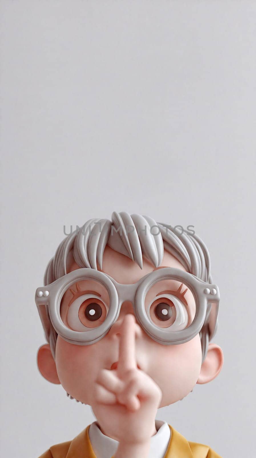 Close-Up of a Toy Figure With Finger On Lips Against A Plain Background by chrisroll