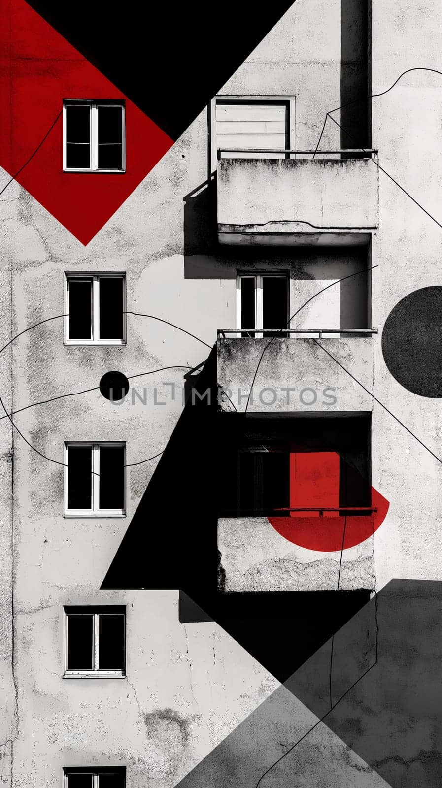 A modern building is adorned with striking abstract geometric shapes interspersed with vibrant red accents, creating a bold and artistic exterior - Generative AI