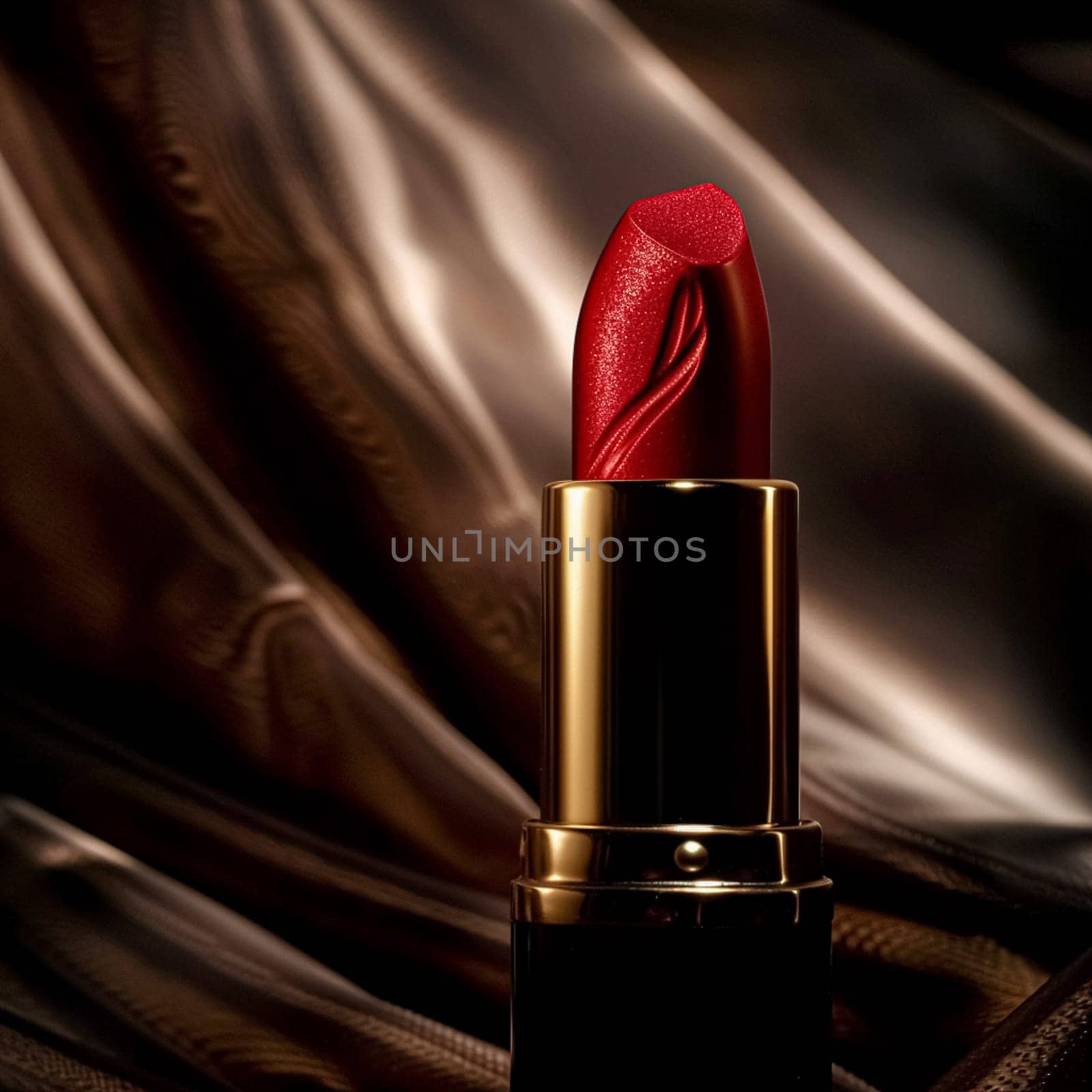 Luxurious red lipstick set against a background of rich, silky fabric, beauty and make-up cosmetic product idea