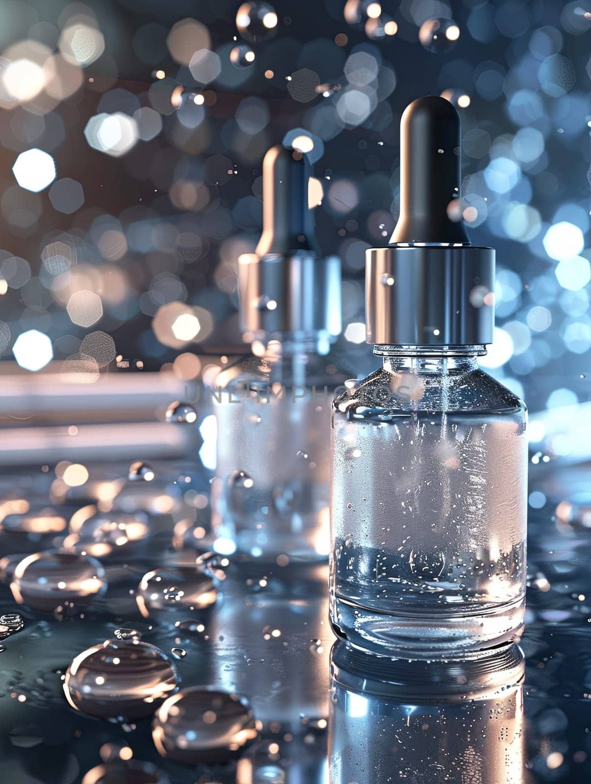 Close-up of glass bottles containing serums with droplets on a lab surface.