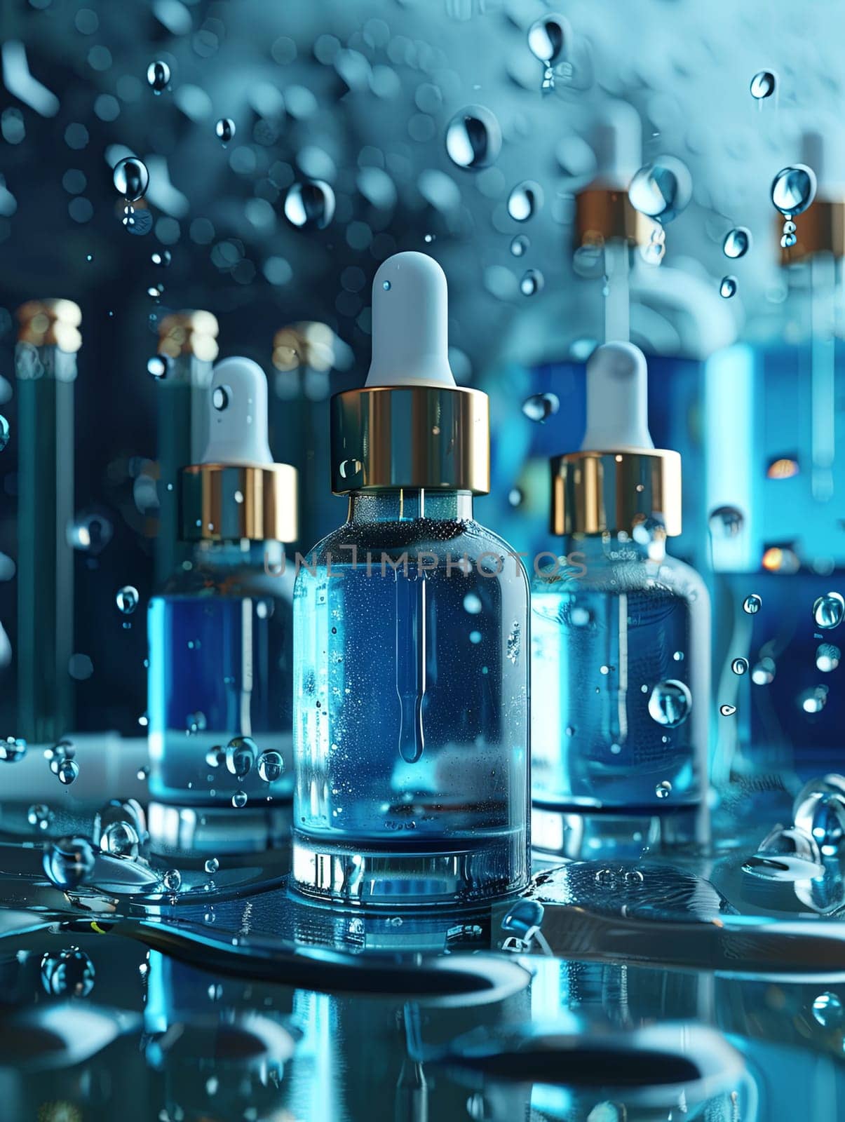 Glass bottles with serums and droplets in a laboratory setting.