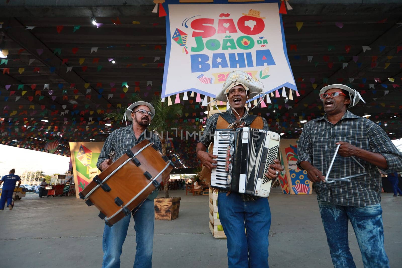 salvador, bahia, brazil - may 28, 2024: Members of a forró band are seen during a performance during the Sao Joao celebrations, in the city of Salvador.