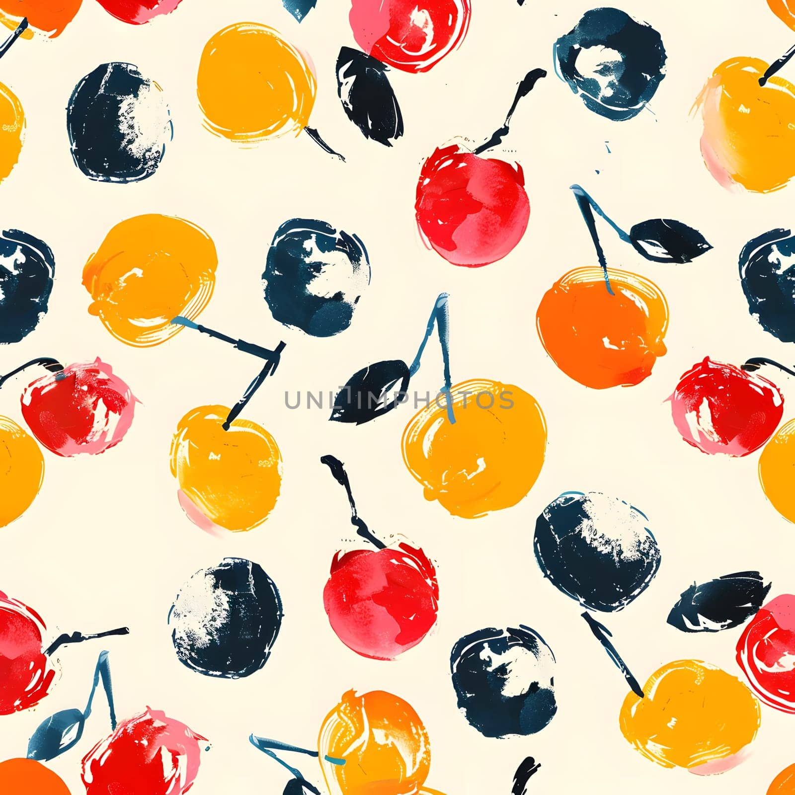 A vibrant orange, artful pattern of colorful cherries painted against a white background. This design combines elements of food, drawing, and fruit into a delightful art paint display