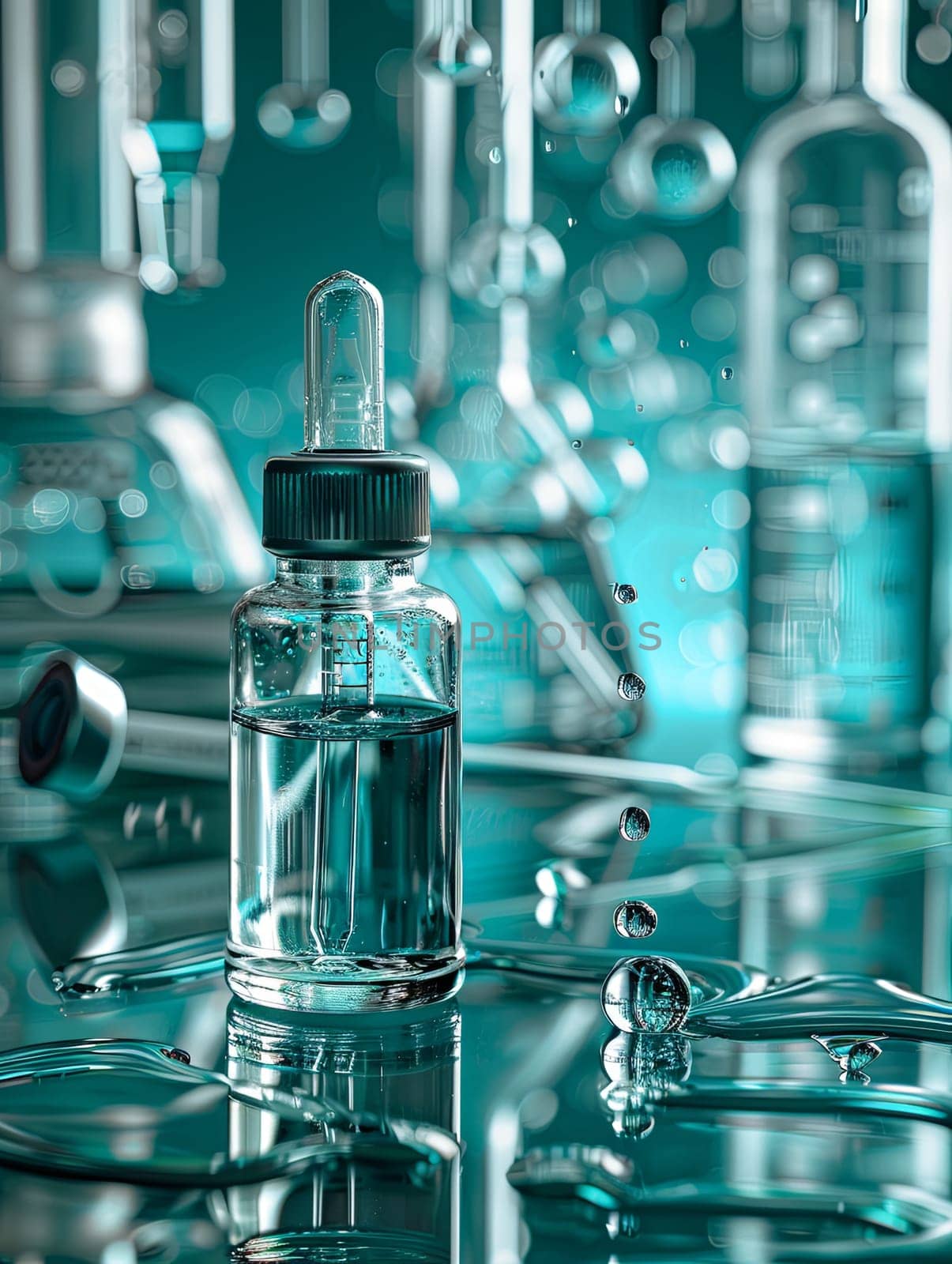 A single glass bottle of serum sits on a wet laboratory table, surrounded by other laboratory tools.