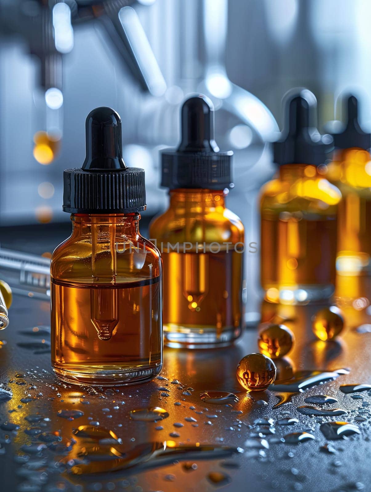 Close-up of glass bottles filled with amber serums in a laboratory setting.