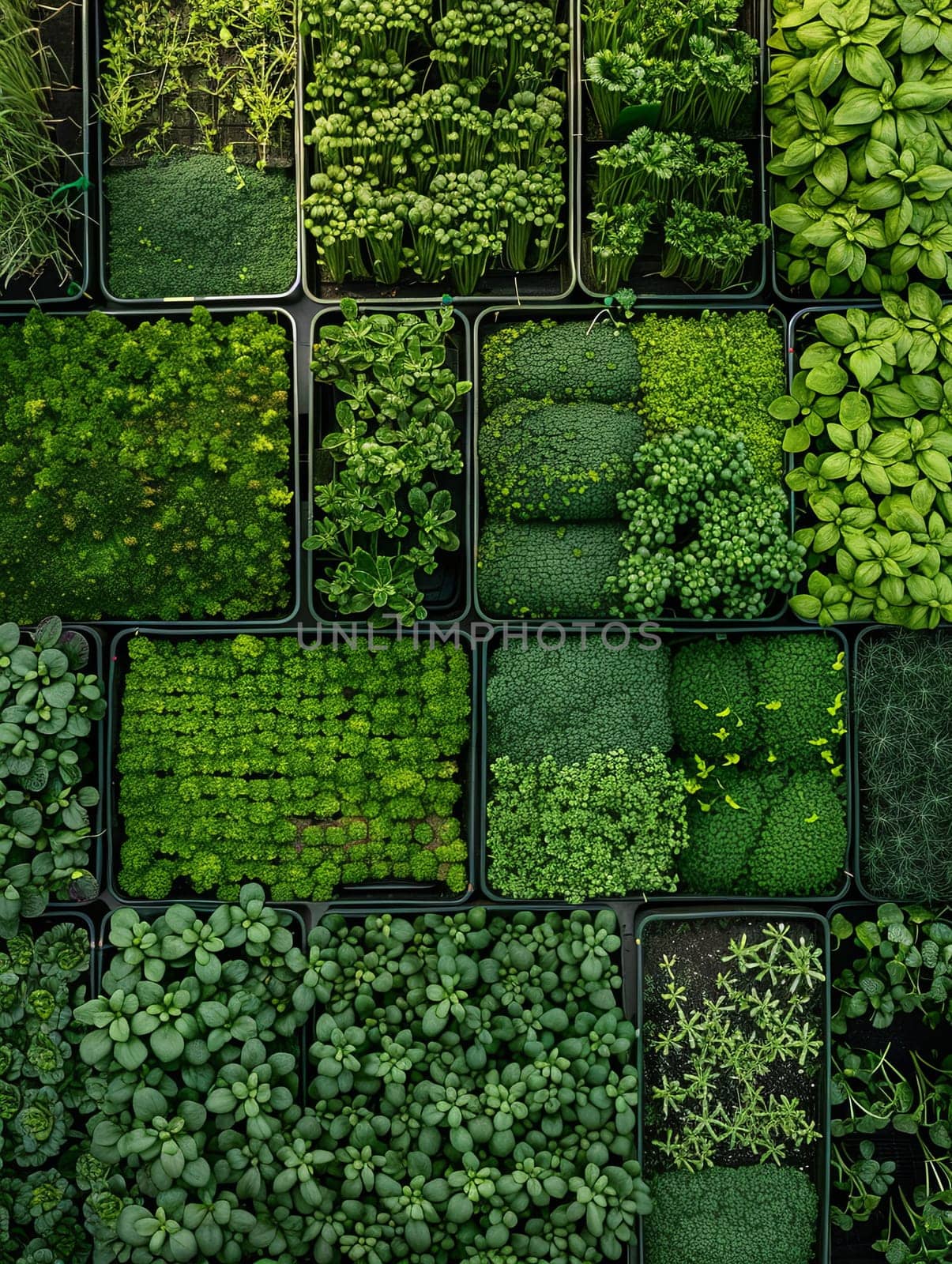 An overhead view of a microgreen farm showcasing various types of microgreens growing in rows of trays.