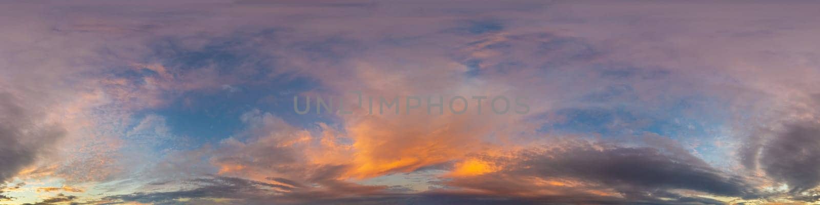 Sky panorama with Cirrus clouds in Seamless spherical equirectangular format. Full zenith for use in 3D graphics, game and editing aerial drone 360 degree panoramas for sky replacement