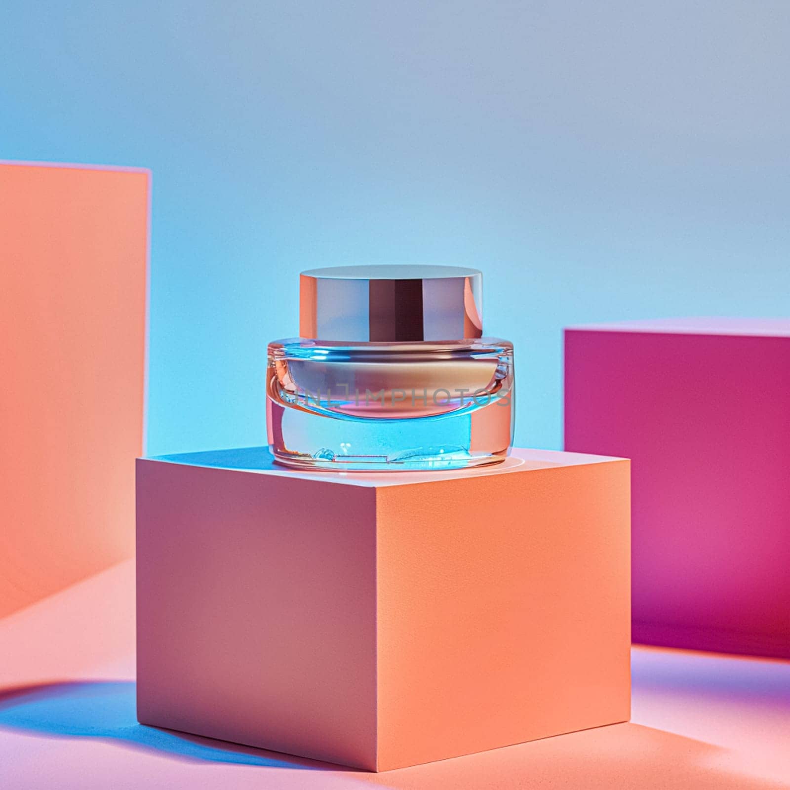 Cosmetic cream in a glass jar on a blue backdrop. Skin care concept. Background for beauty products