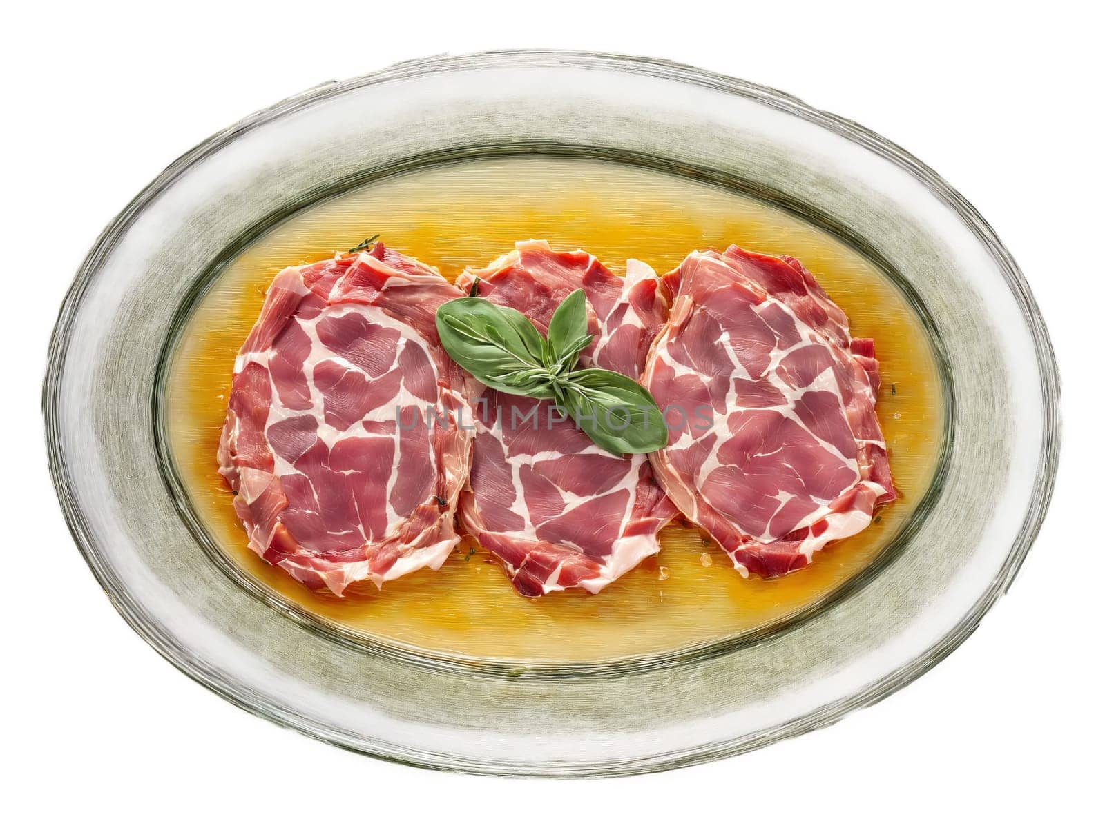 Saltimbocca veal with sage and prosciutto served on a transparent glass plate Italian classic tender. Food isolated on transparent background.