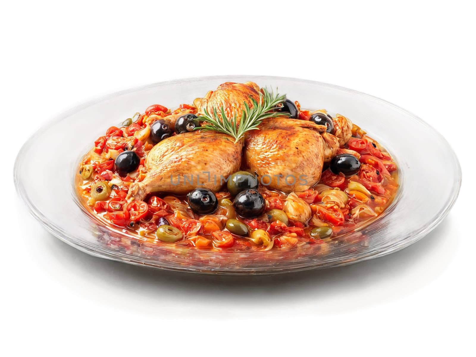 Pollo alla Cacciatora chicken stewed with tomatoes onions and olives served on a transparent glass. Food isolated on transparent background.