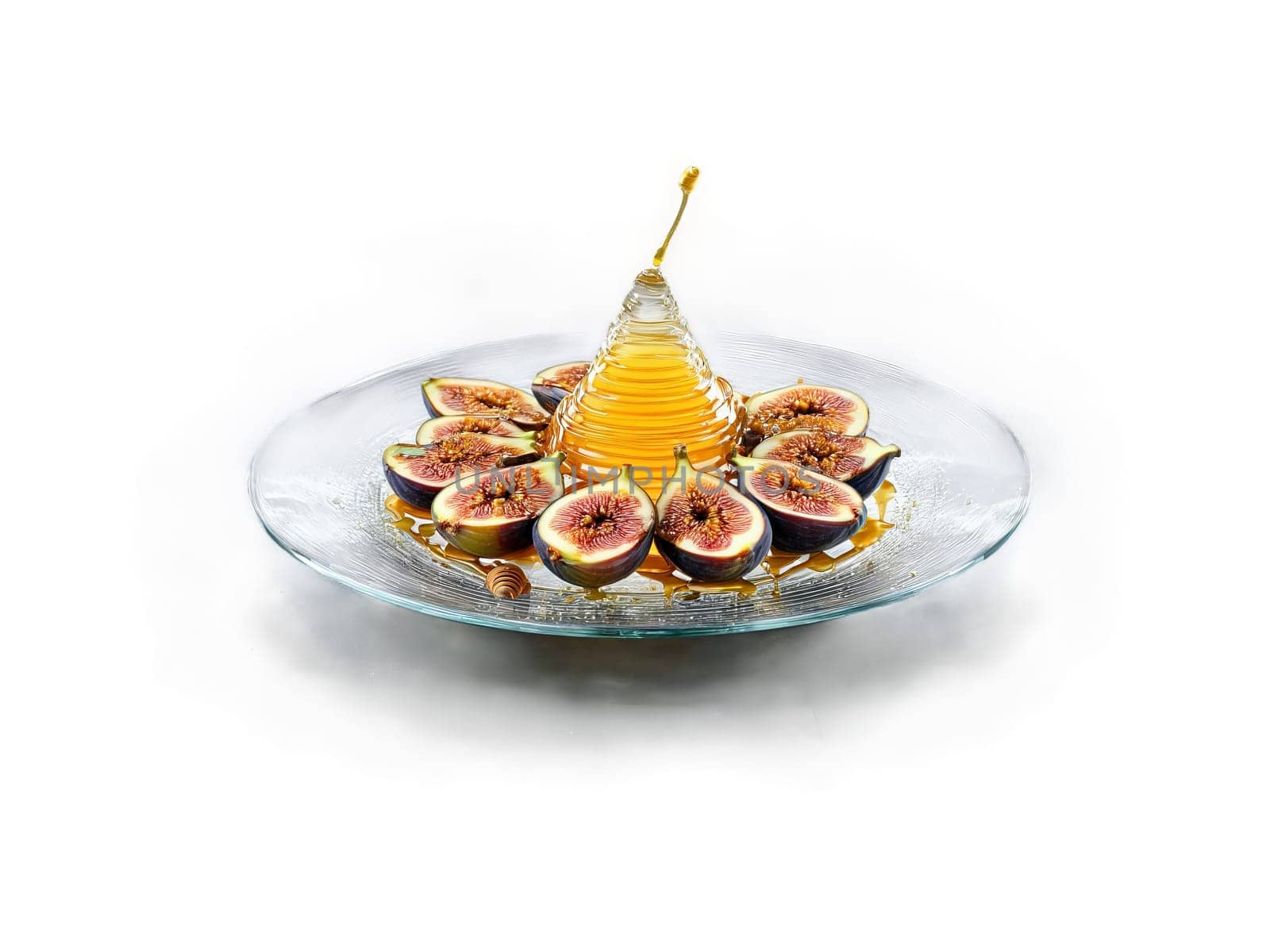 Figs quartered and drizzled with honey served on a transparent glass plate lush and sticky. Food isolated on transparent background.
