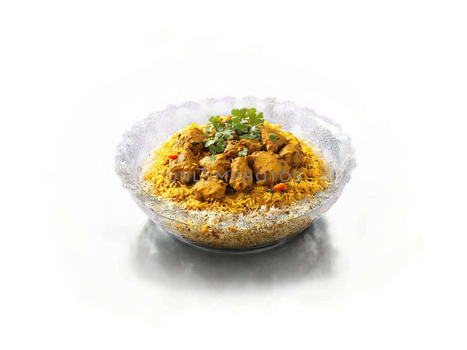 Hyderabadi Chicken Curry with coconut and poppy seeds served on a transparent glass dish spicy. Food isolated on transparent background.