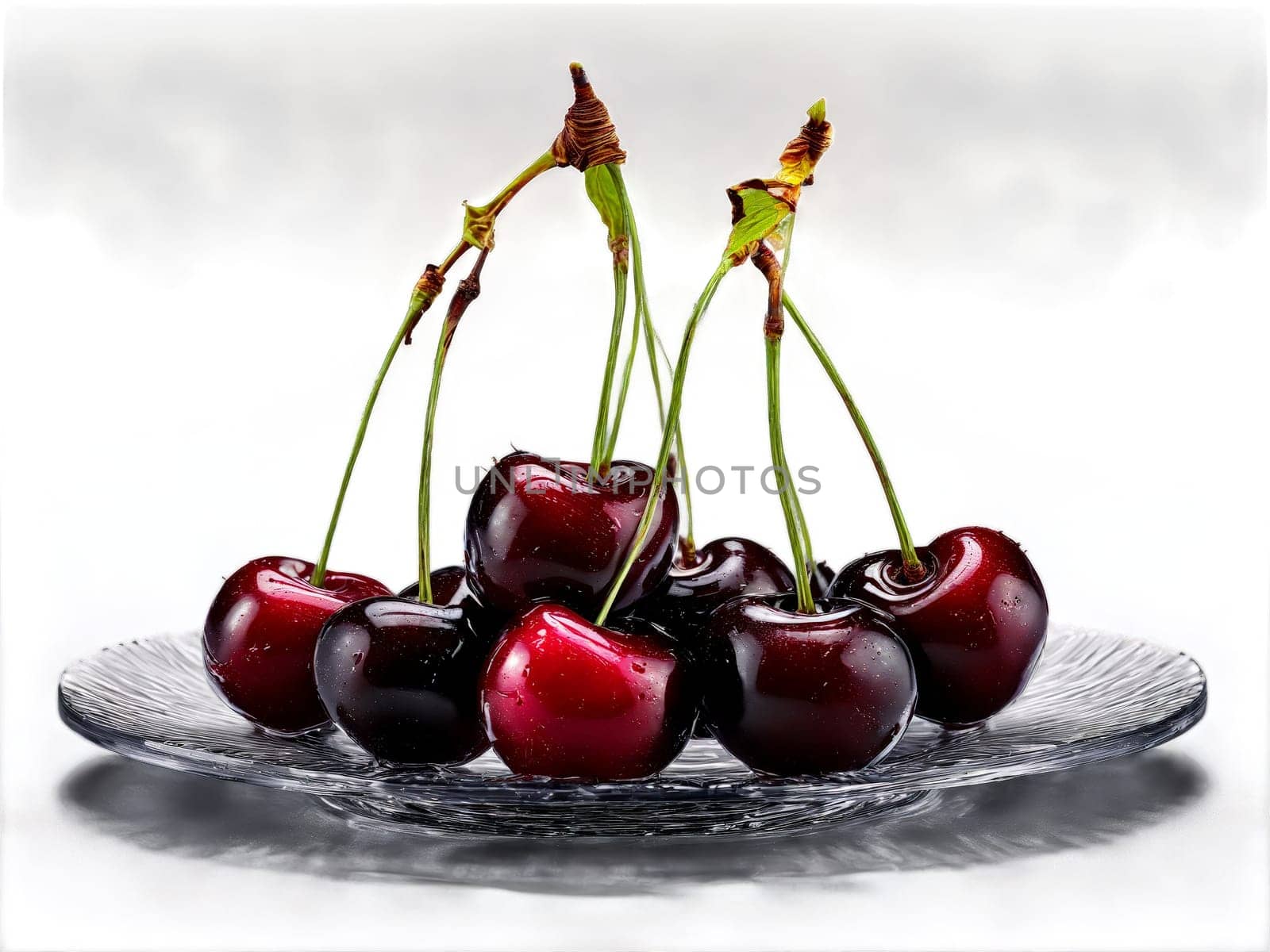 Cherries fresh and pitted served on a transparent glass plate dark and luscious. Food isolated on transparent background.