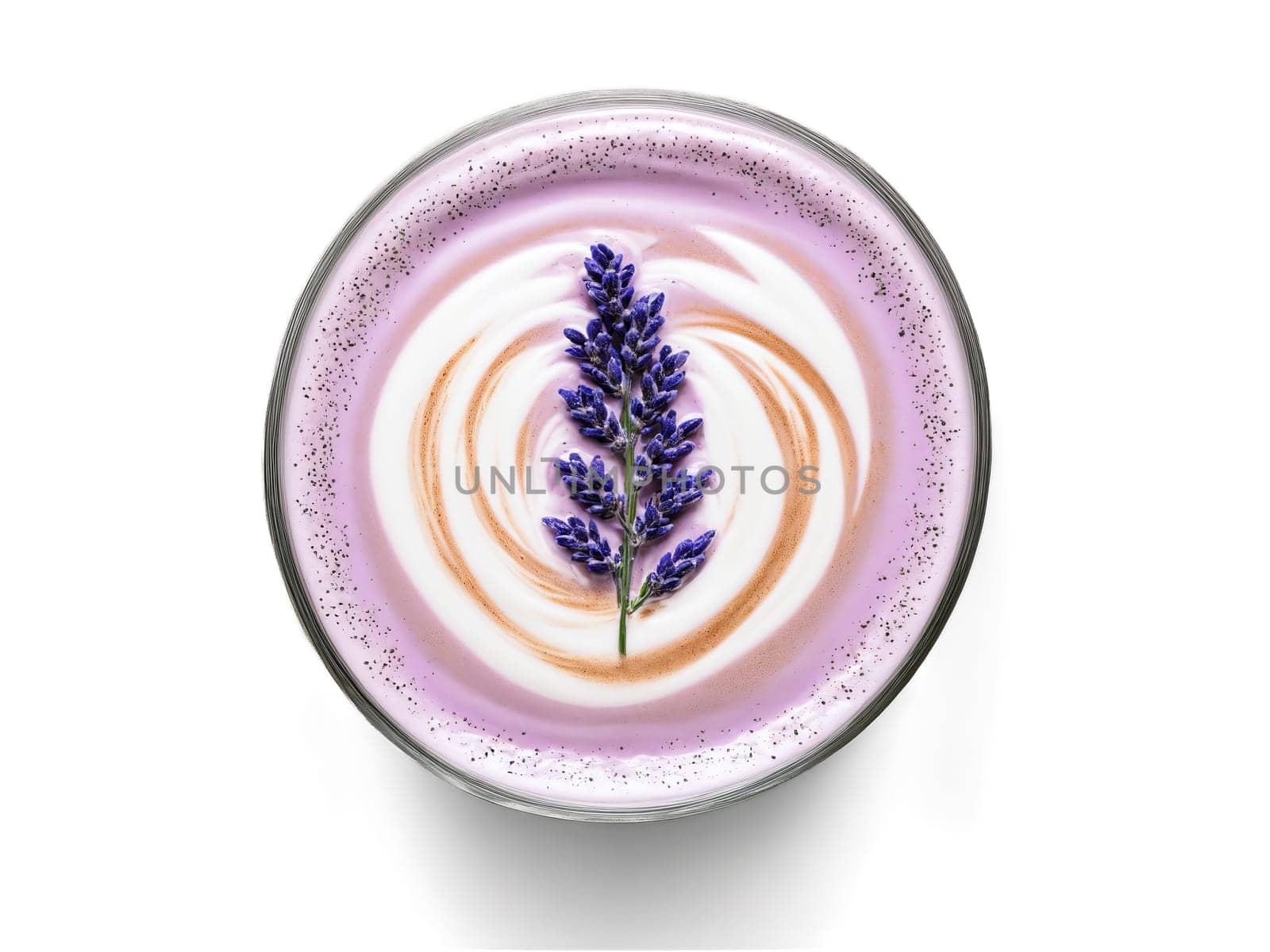 Lavender Latte A fragrant lavender latte in a clear glass with lavender sprigs and foam. Drink isolated on transparent background.