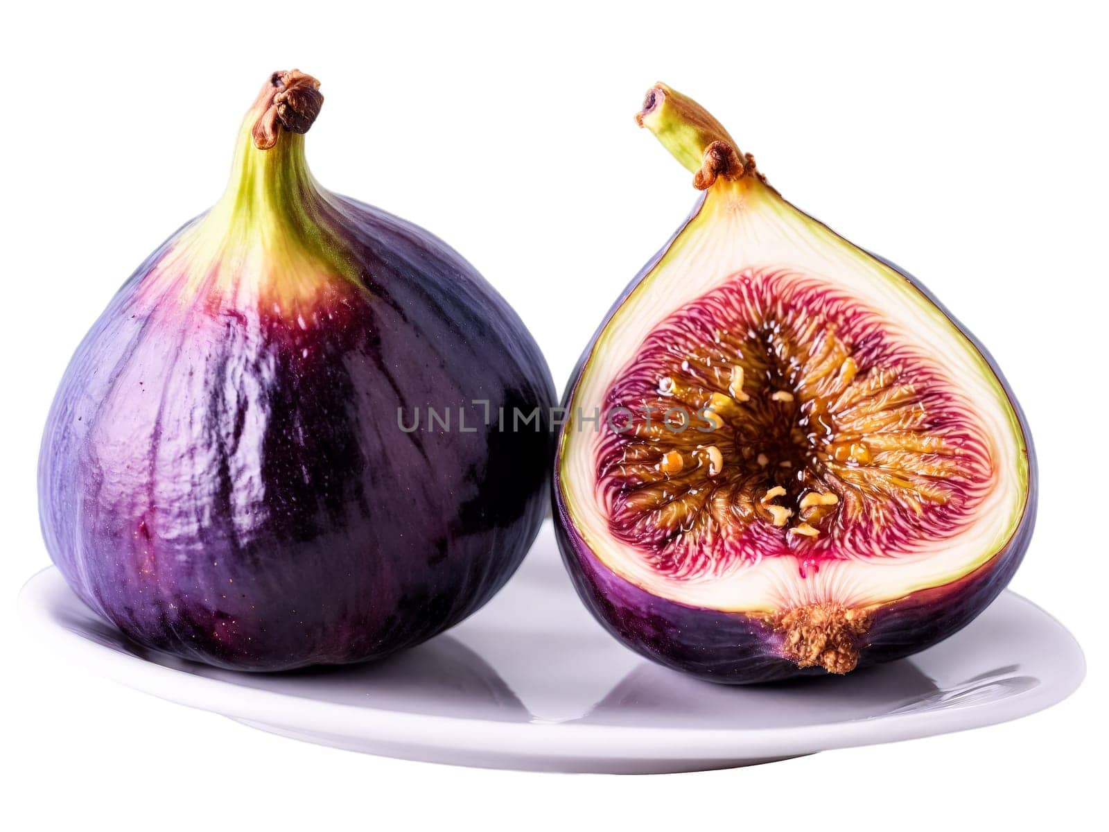Plump happy figs with rosy cheeks sliced and oozing jammy center warmly spotlit close up. Fruits and berries isolated on transparent background.
