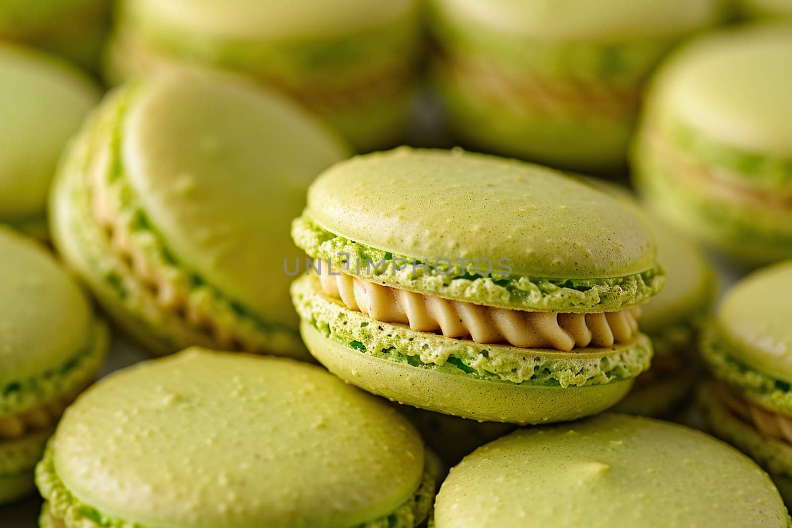 Homemade French macarons with mint crumble and pistachio filling.