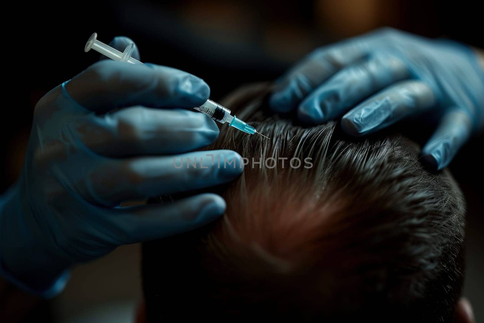Hair regeneration, Plasma injection into the hair on a woman 's head .a cosmetologist makes plasma injections into the scalp.