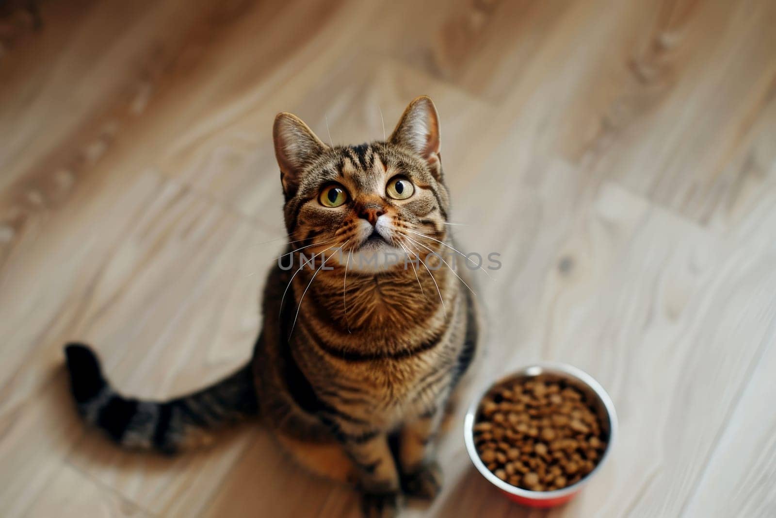 A cat sitting on floor looking up a bowl of cat food..