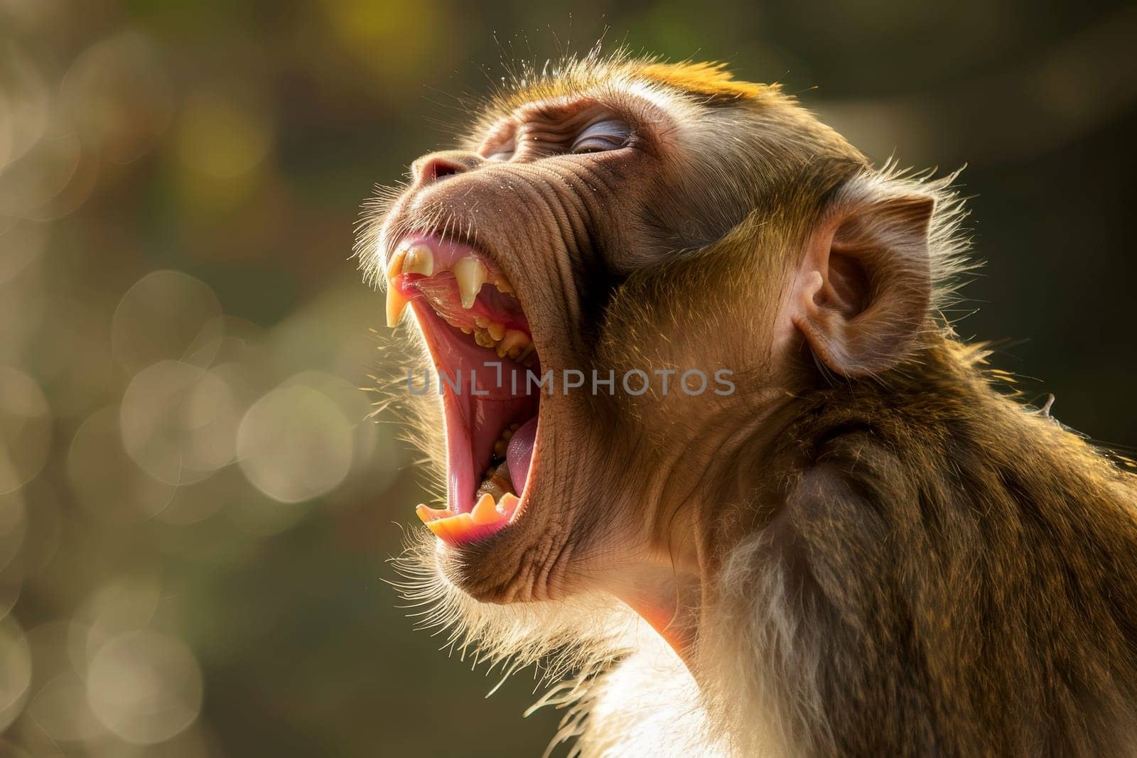 a macaque monkey with it's mouth open and it's mouth wide open .displaying sharp and prominent canine teeth..