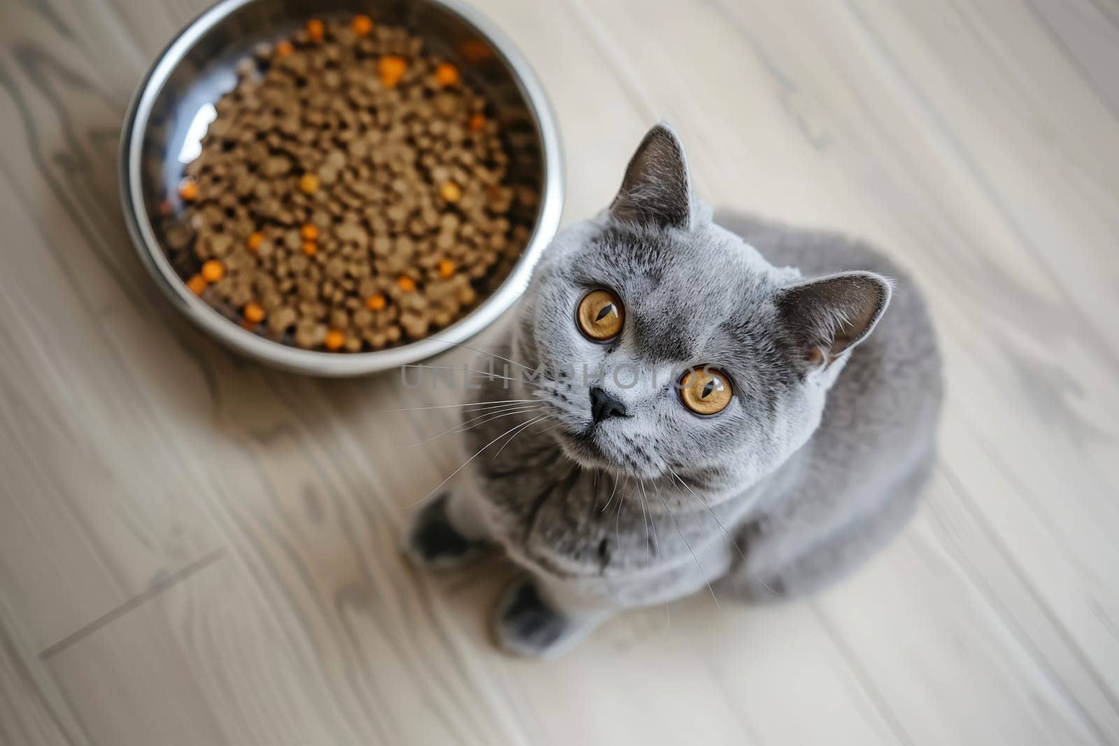 A cat sitting on floor looking up a bowl of cat food..