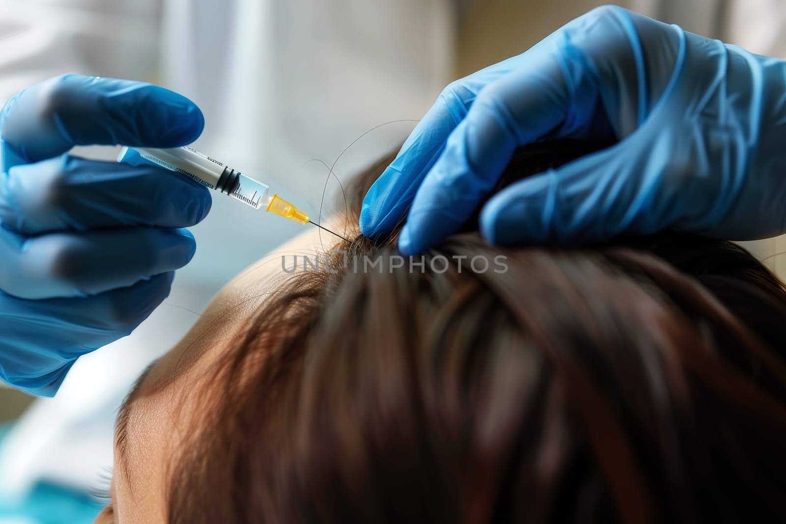 Hair regeneration, Plasma injection into the hair on a woman 's head .a cosmetologist makes plasma injections into the scalp.