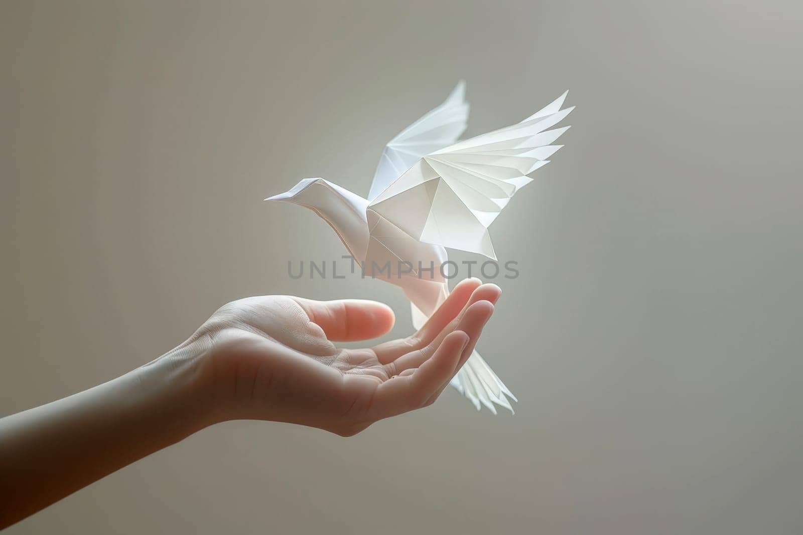 Origami Paper Bird Flight from Open Palm Symbolizing and Freedom to Dream. peach concept.