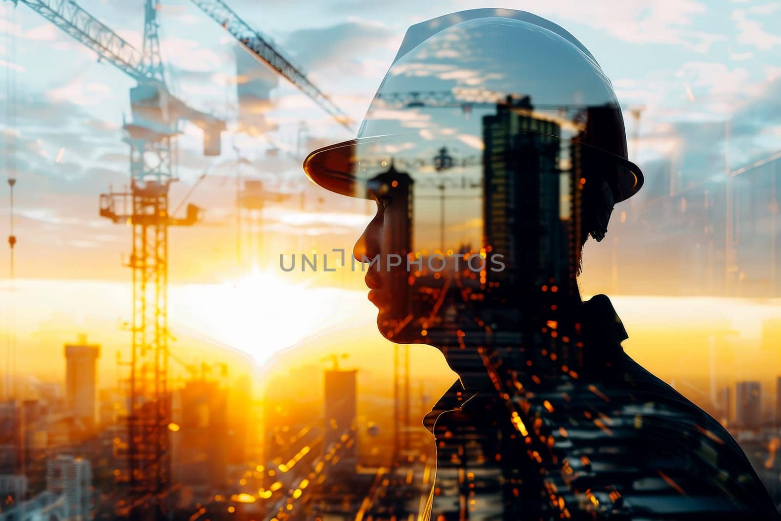 Double exposure of engineer in safety helmet with construction building..