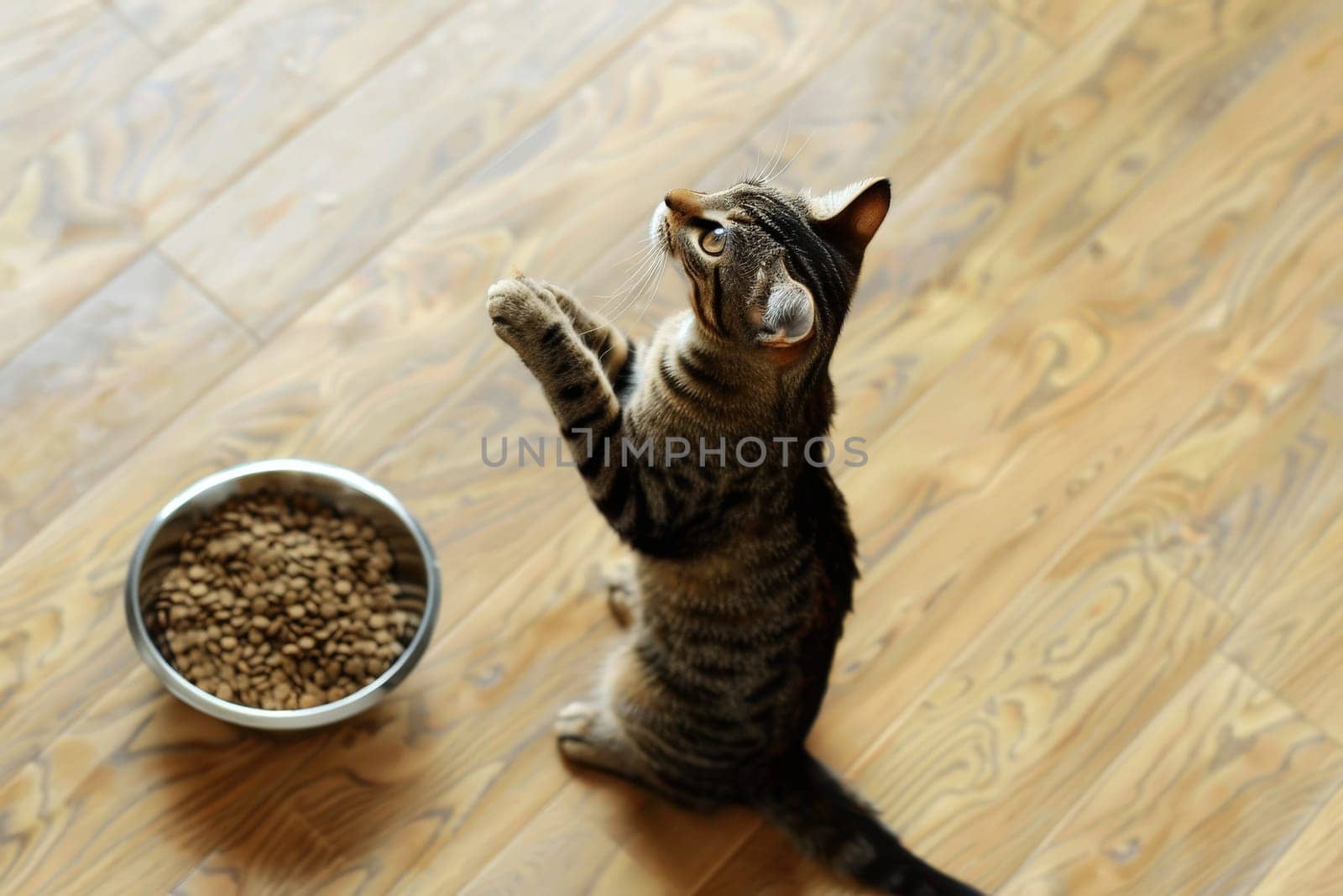 A cat sitting on floor looking up a bowl of cat food..