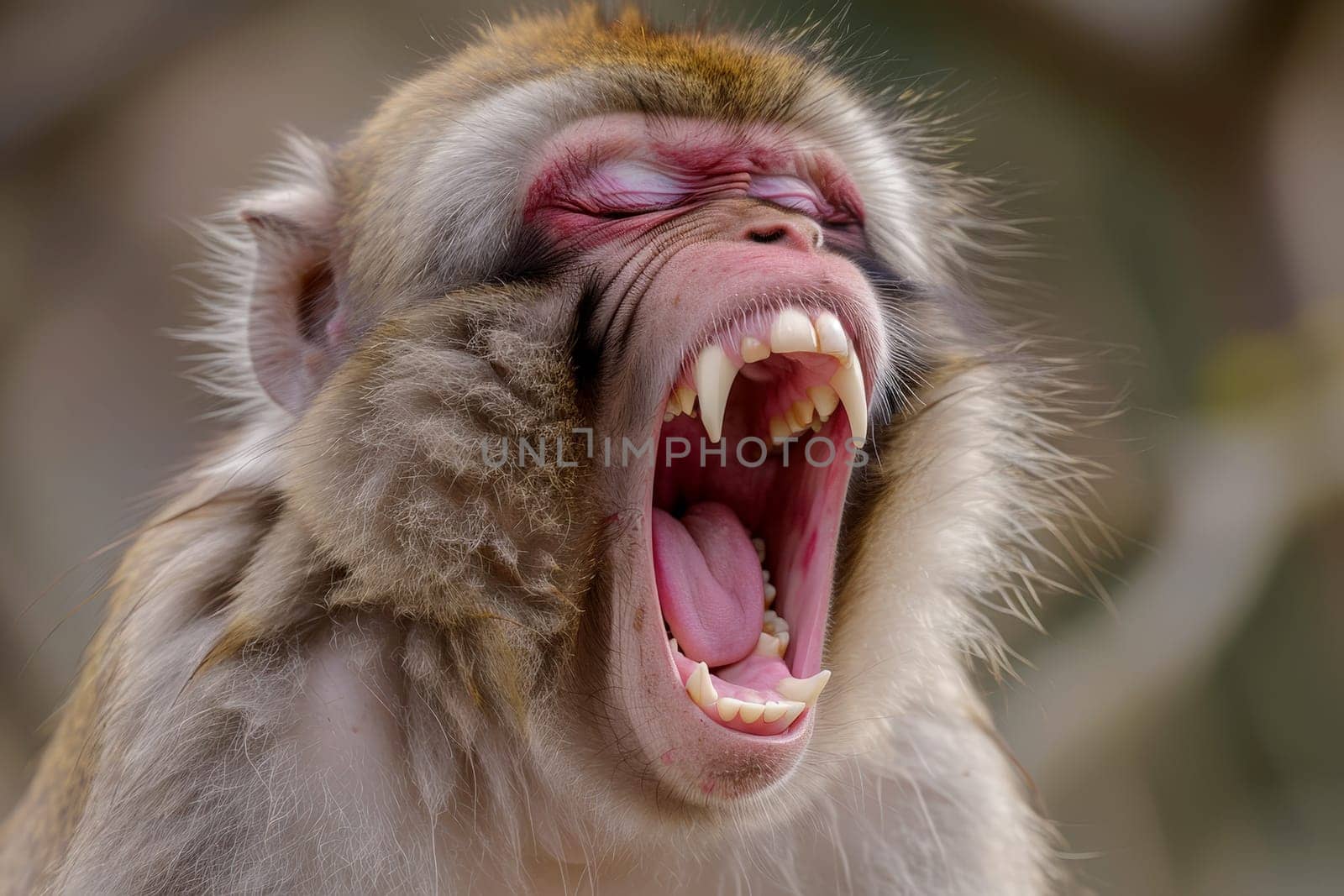 a macaque monkey with it's mouth open and it's mouth wide open .displaying sharp and prominent canine teeth..