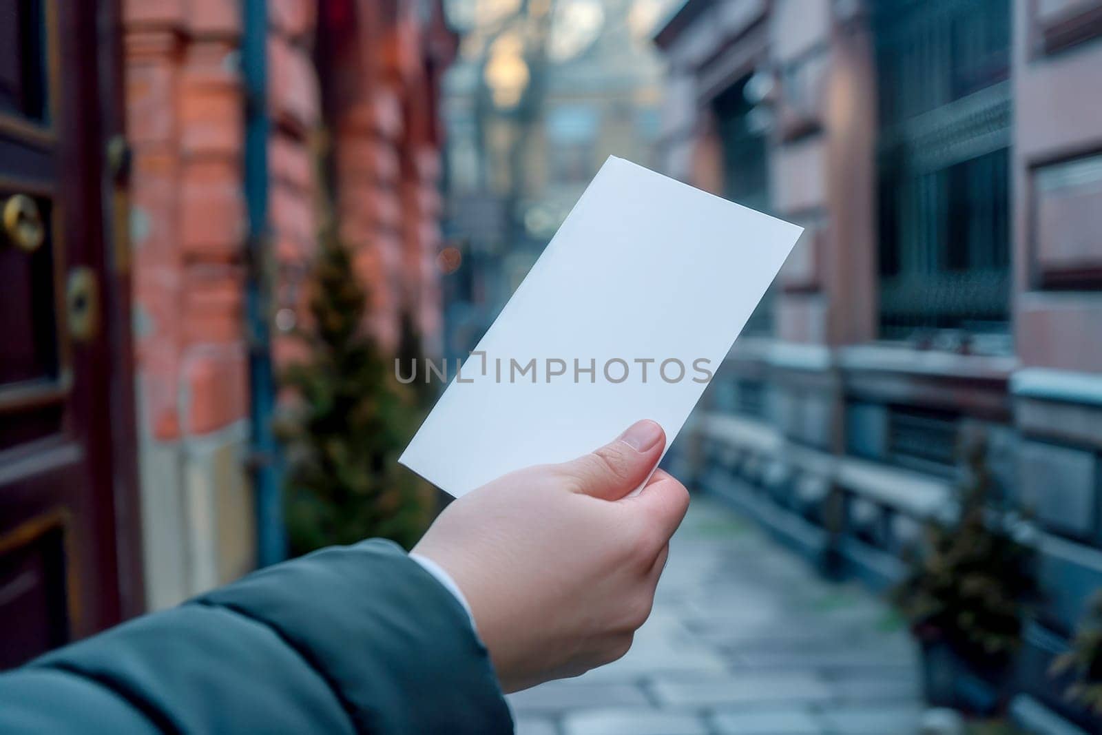 Hand holding white blank book for mockup isolated city background..