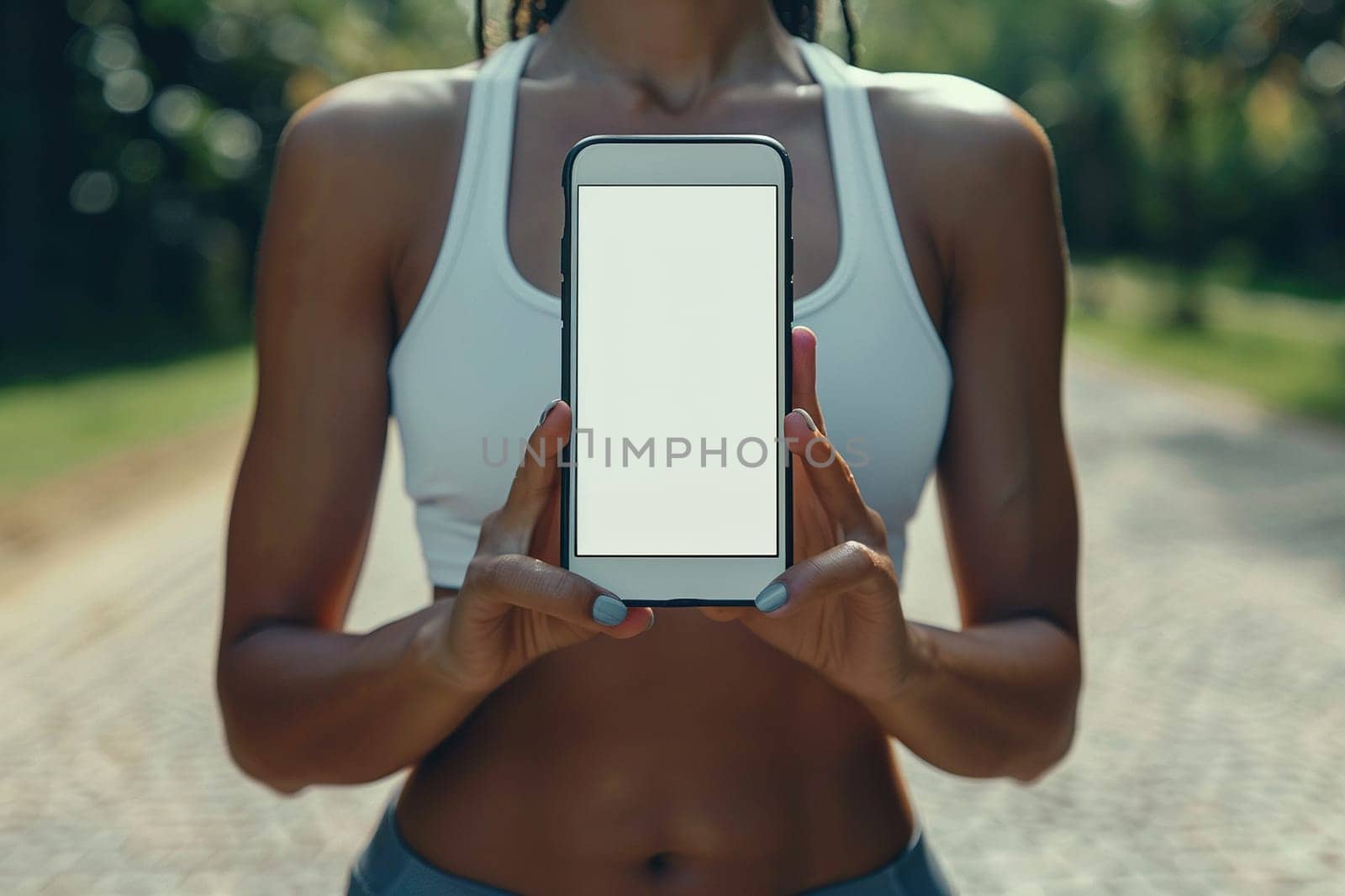 A slender dark-skinned woman in sportswear is holding a smartphone with a blank white screen.